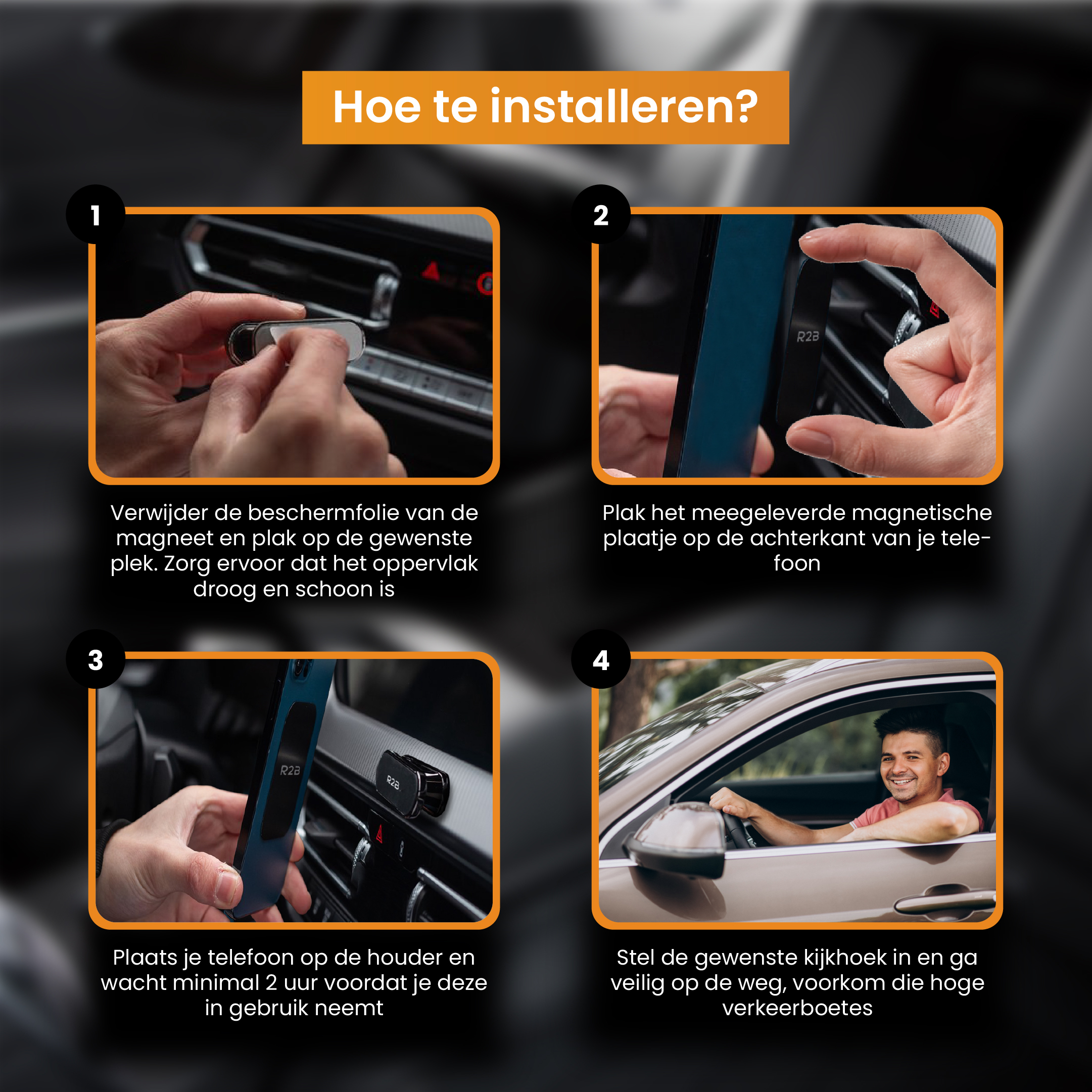 Vier afbeeldingen die laten zien hoe je een magnetische telefoonhouder in een auto installeert.