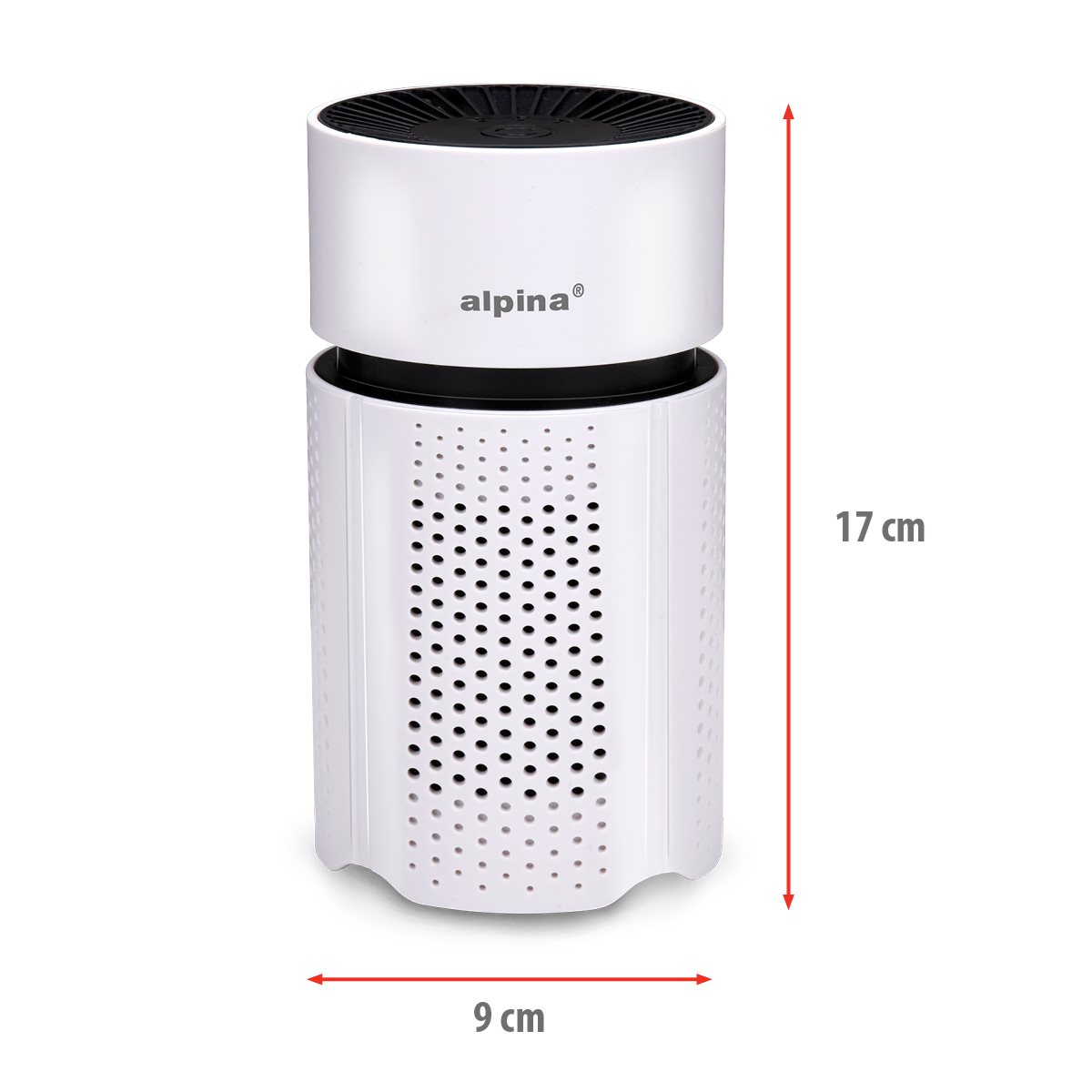 Weißer Luftreiniger, zylindrische Form, mit perforierten Seiten. Er ist 17 cm hoch und 9 cm breit.