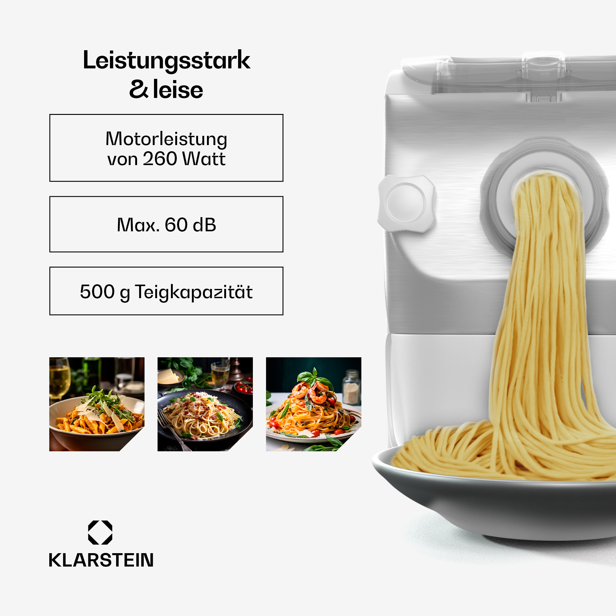 Eine Pastamaschine, aus der ein Strom frischer Nudeln in eine Schüssel fällt.