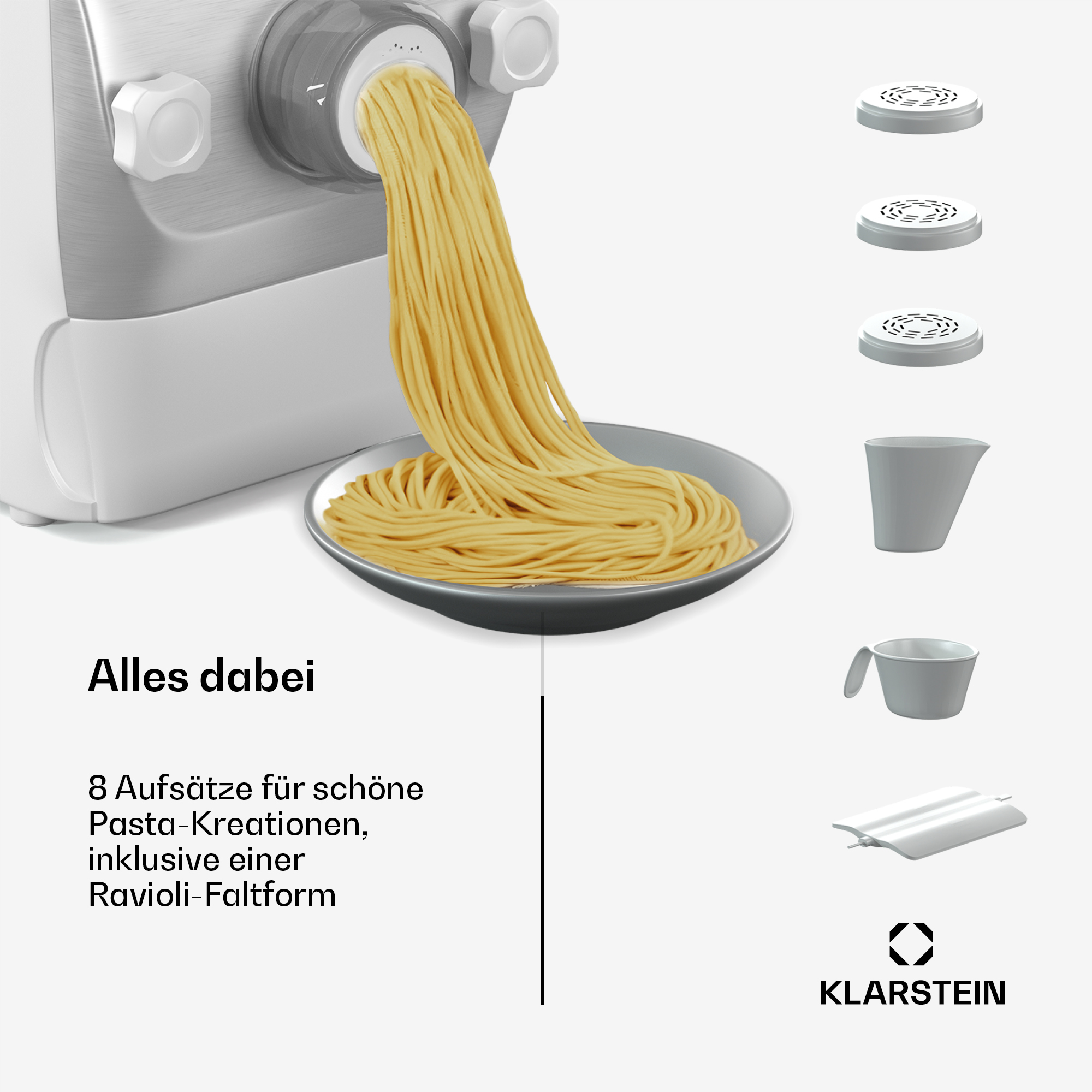 Nudeln aus einer Pastamaschine, mit Zubehör und Text zur Pastaherstellung.