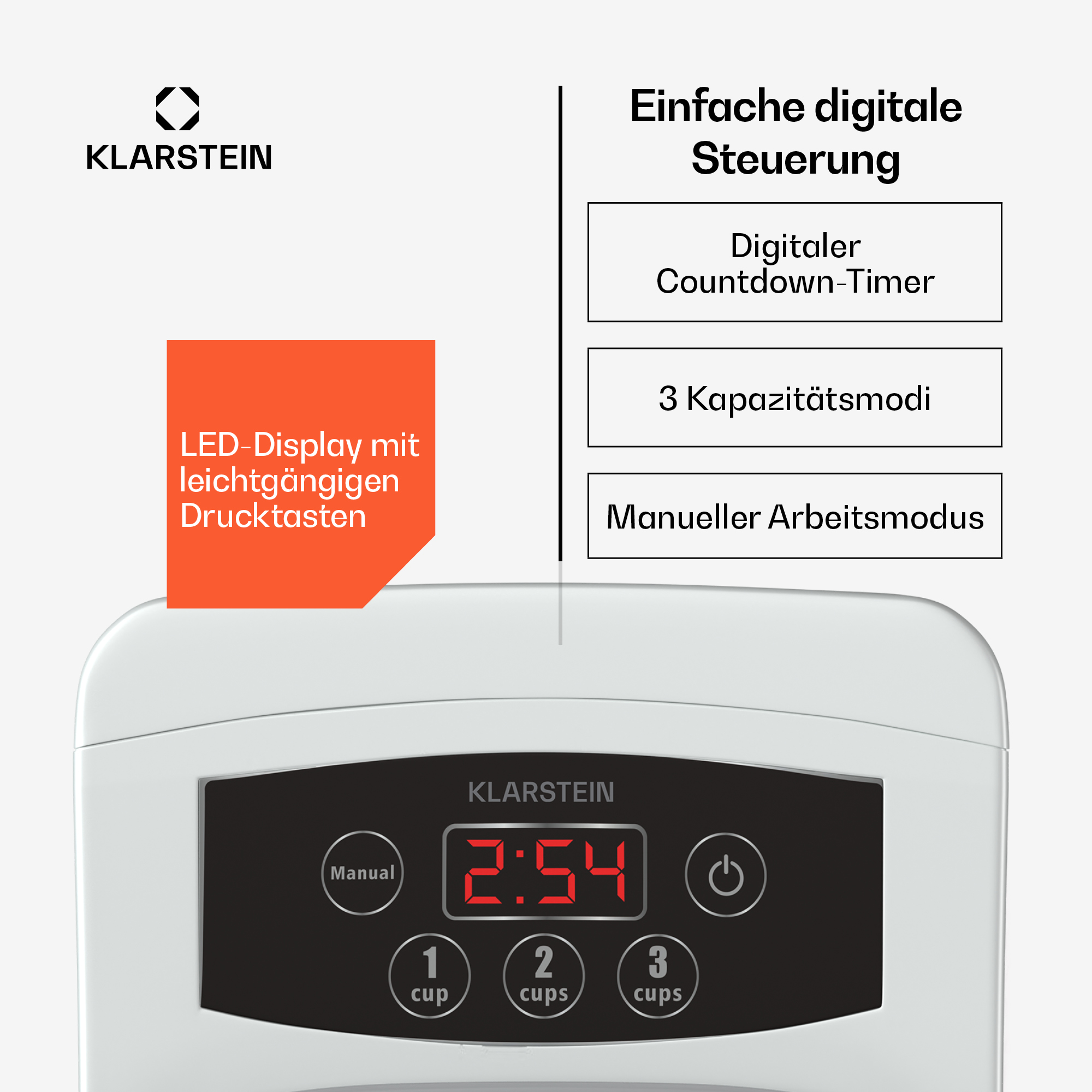 Nahaufnahme eines weißen Geräts mit Digitalanzeige, die 2:54 zeigt und beschriftete Steuertasten.