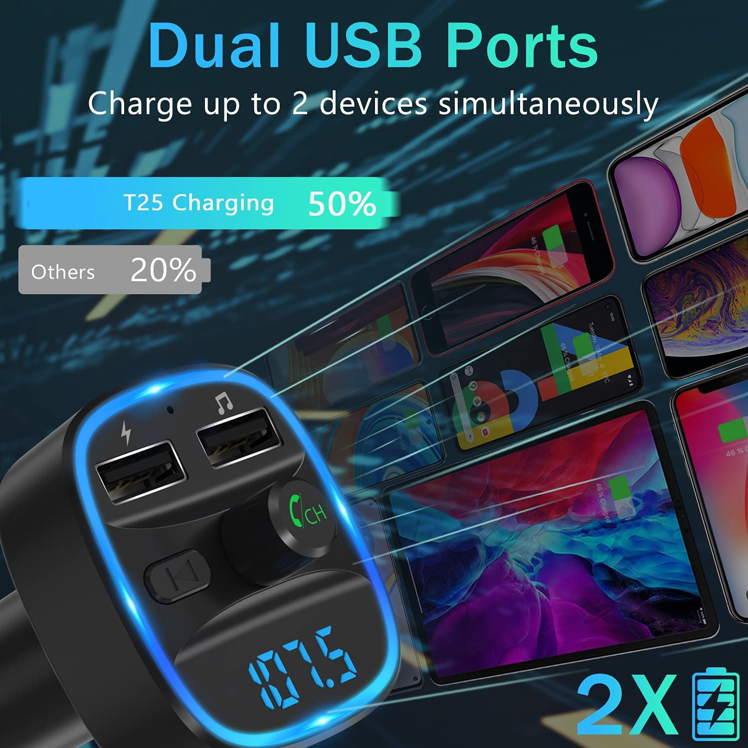 Schwarzes Autoladegerät mit zwei USB-Anschlüssen, das mehrere Telefone lädt.
