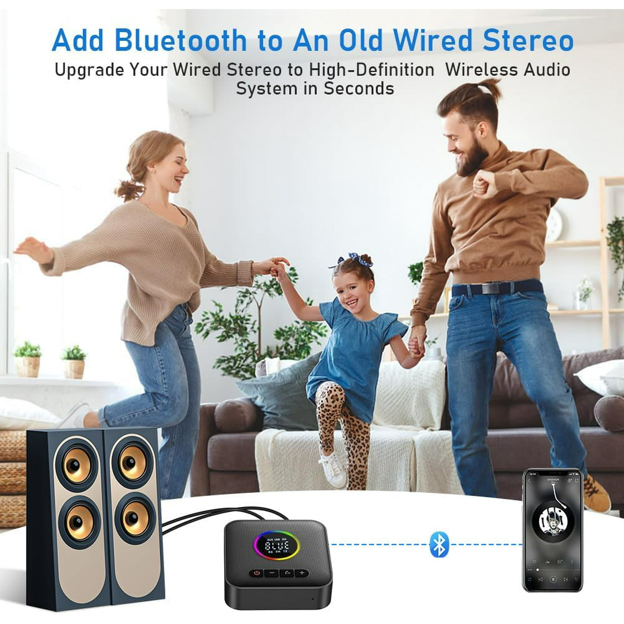 Eine Familie tanzt vor Lautsprechern und einem Gerät. Das Gerät hat ein Bluetooth-Symbol.