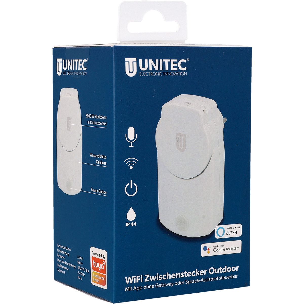 Weiße Unitec Smart-Plug-Box. Text: WiFi Zwischenstecker Outdoor. Alexa- und Google Assistant-Logos.