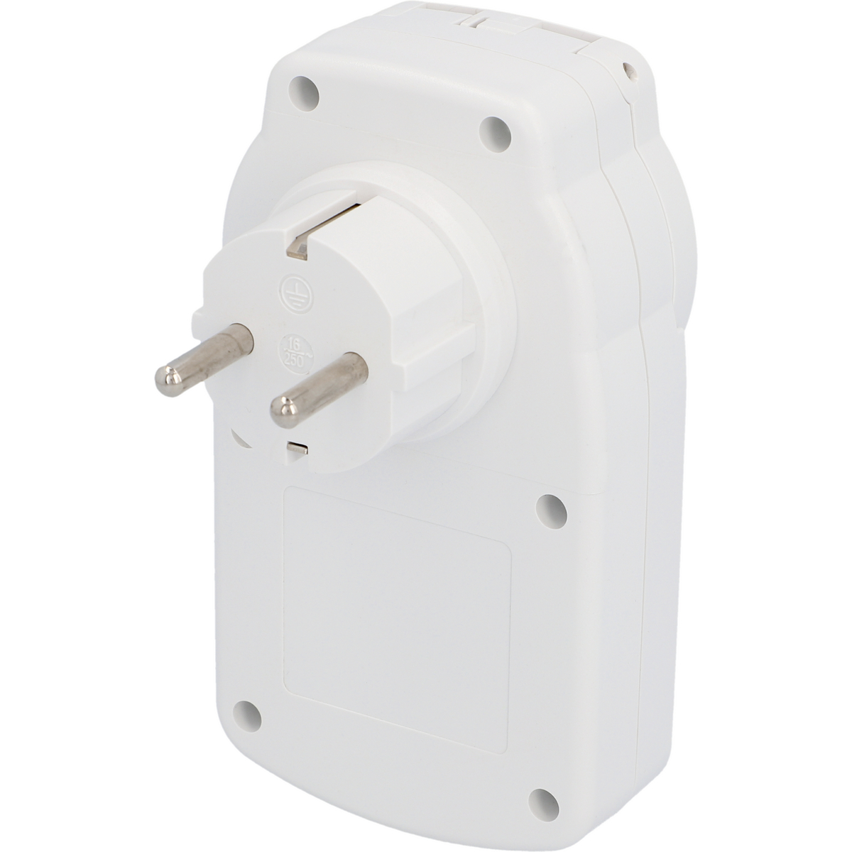 Weißer Netzadapter mit zwei Metallstiften. Er hat eine vertiefte Buchse und mehrere kleine Löcher. Nahaufnahme.