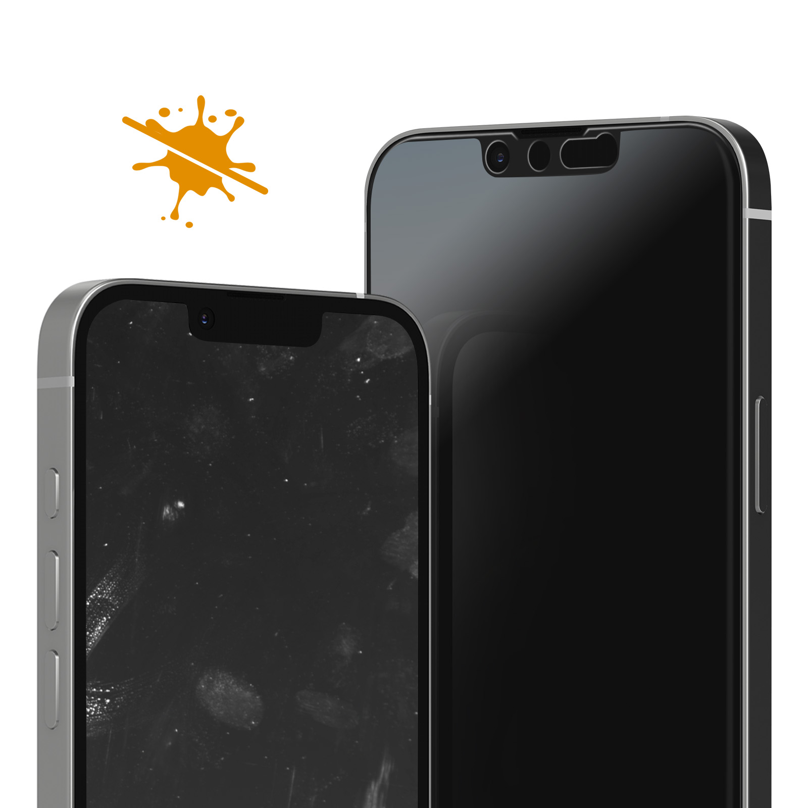 Due smartphone, uno con protezione schermo. Spruzzo arancione nell'angolo.