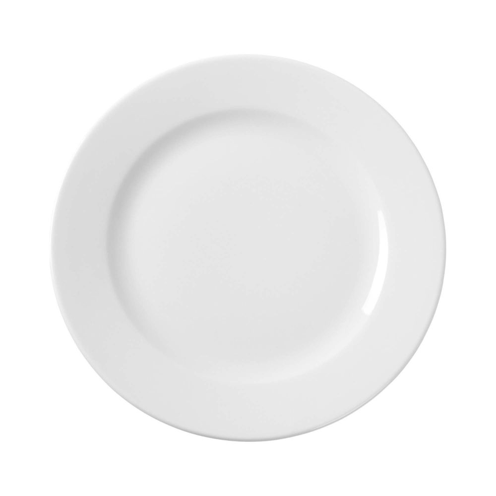 Piatto bianco, rotondo, in ceramica, isolato su sfondo bianco. Il piatto ha un bordo largo e una rientranza centrale.