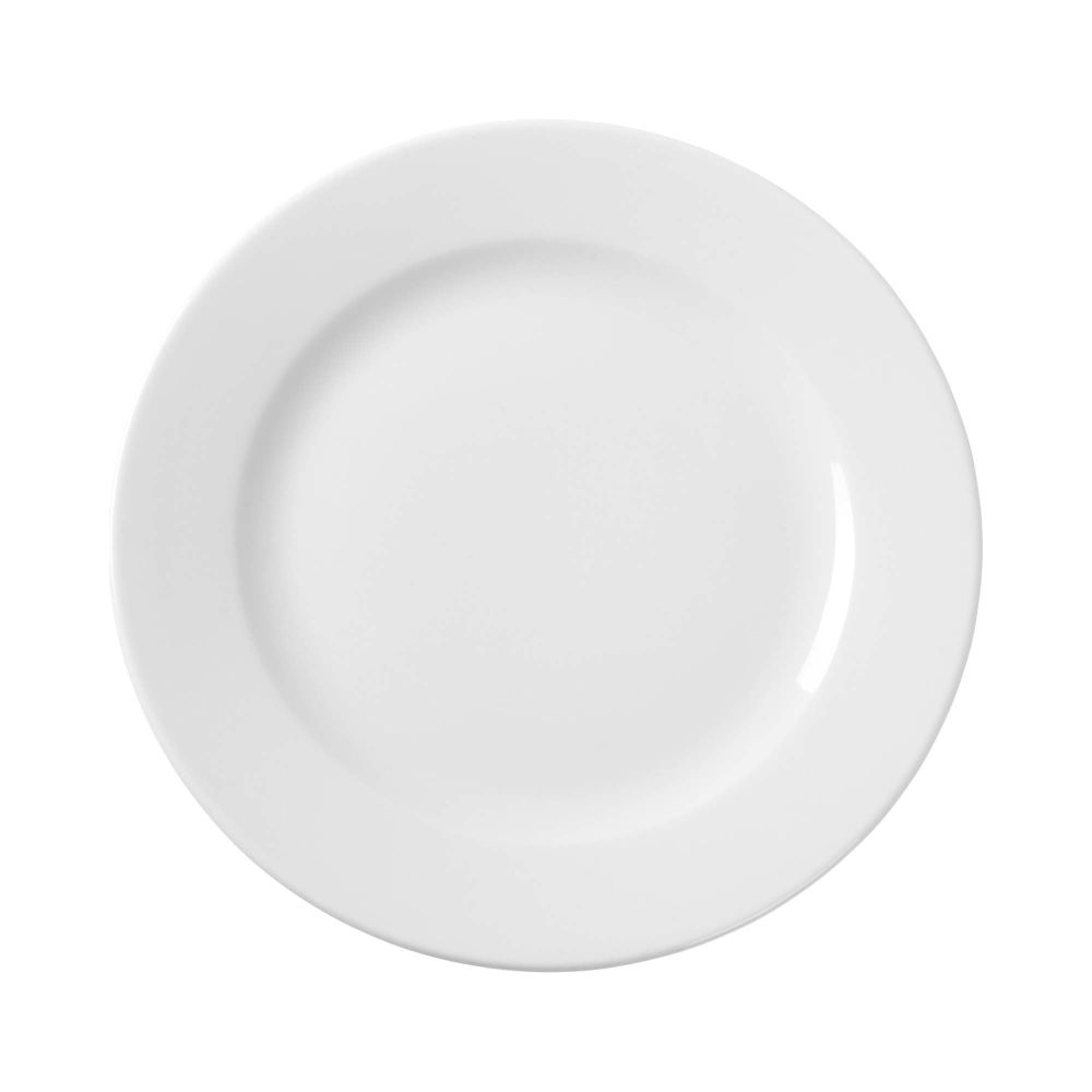 Un semplice piatto bianco è centrato su uno sfondo bianco.