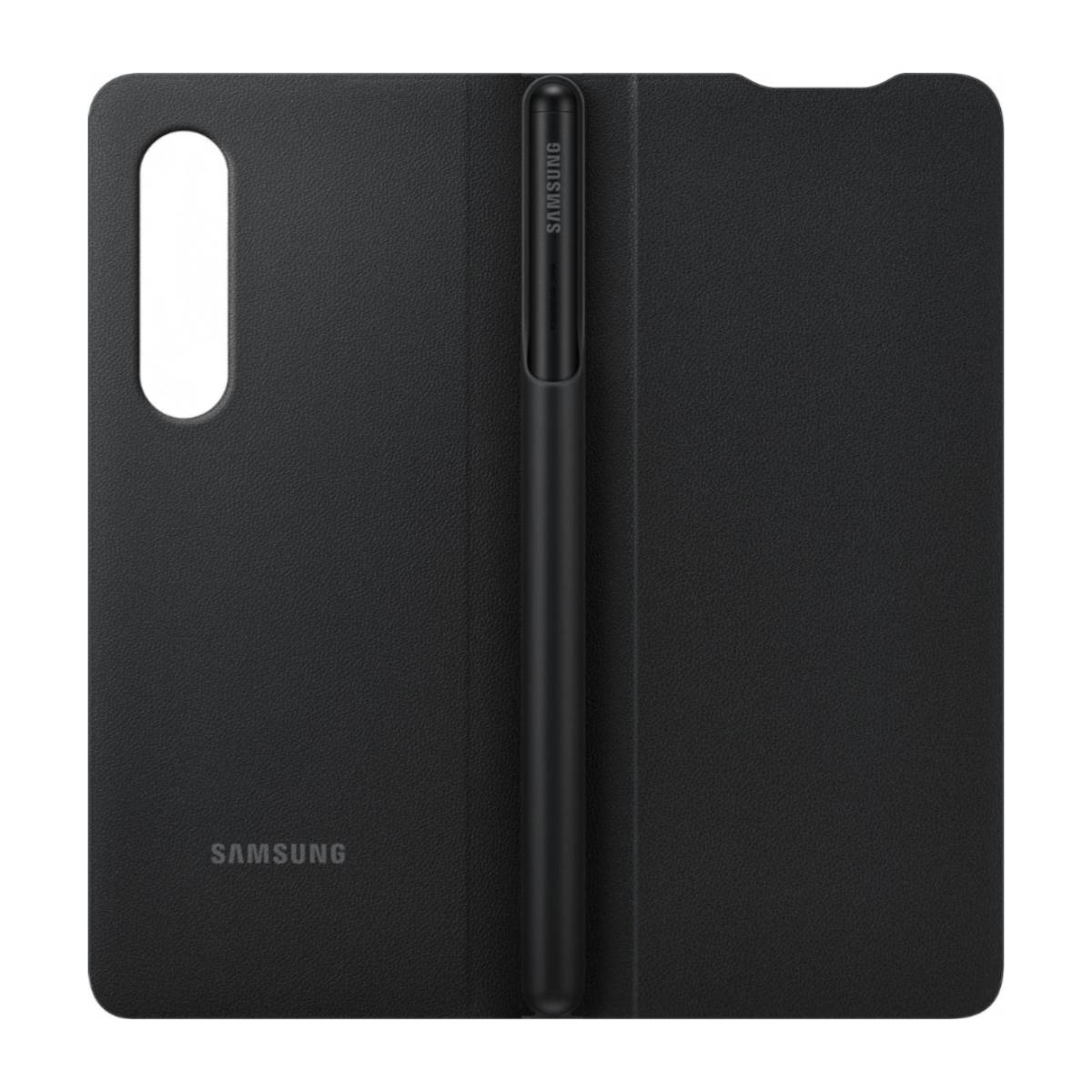 Funda de teléfono negra, abierta, con un lápiz en el medio y el logotipo de Samsung en la parte inferior. La funda está sobre un fondo blanco.