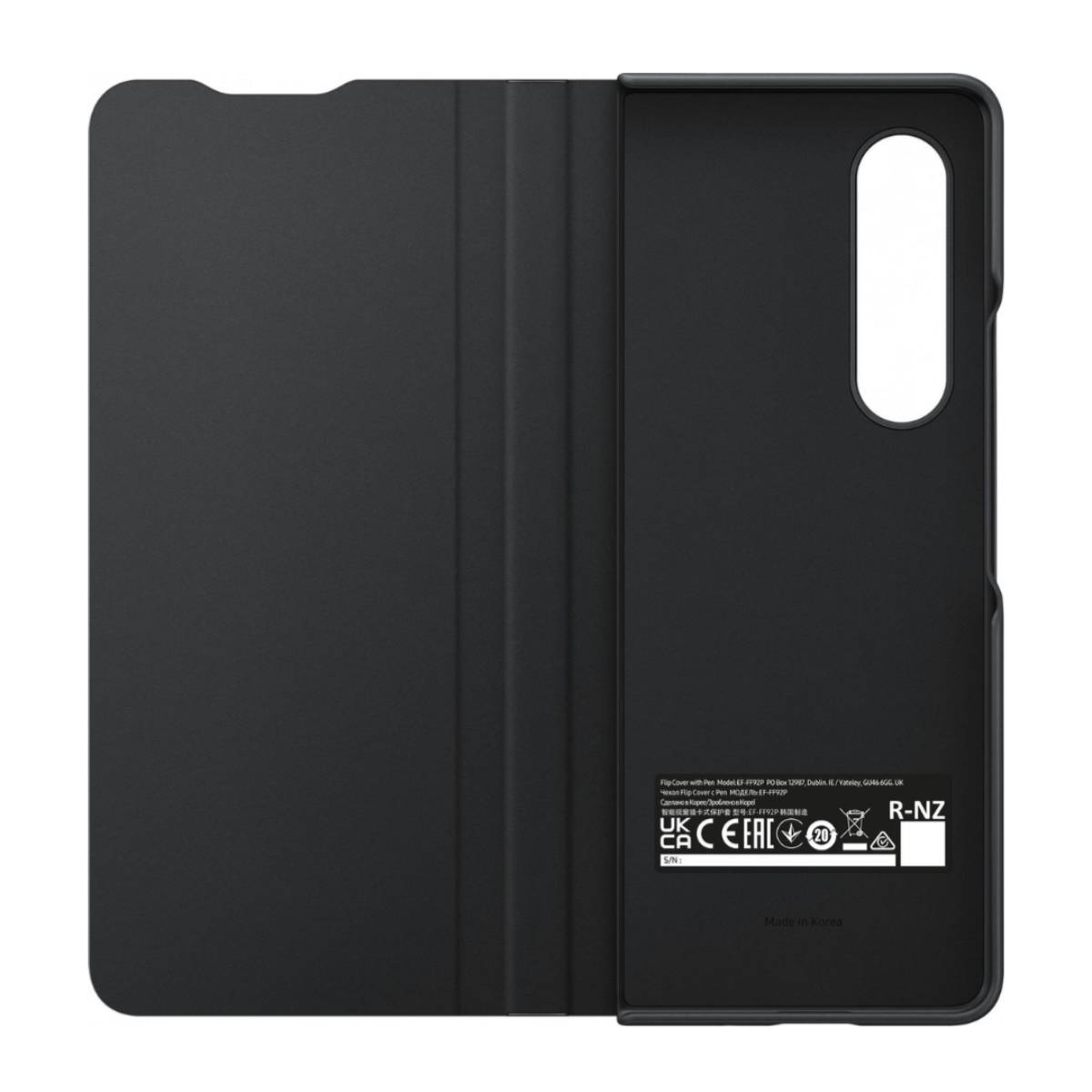 Funda de teléfono negra, vista interior, con el logotipo y el texto de Samsung. La funda está abierta sobre un fondo blanco.