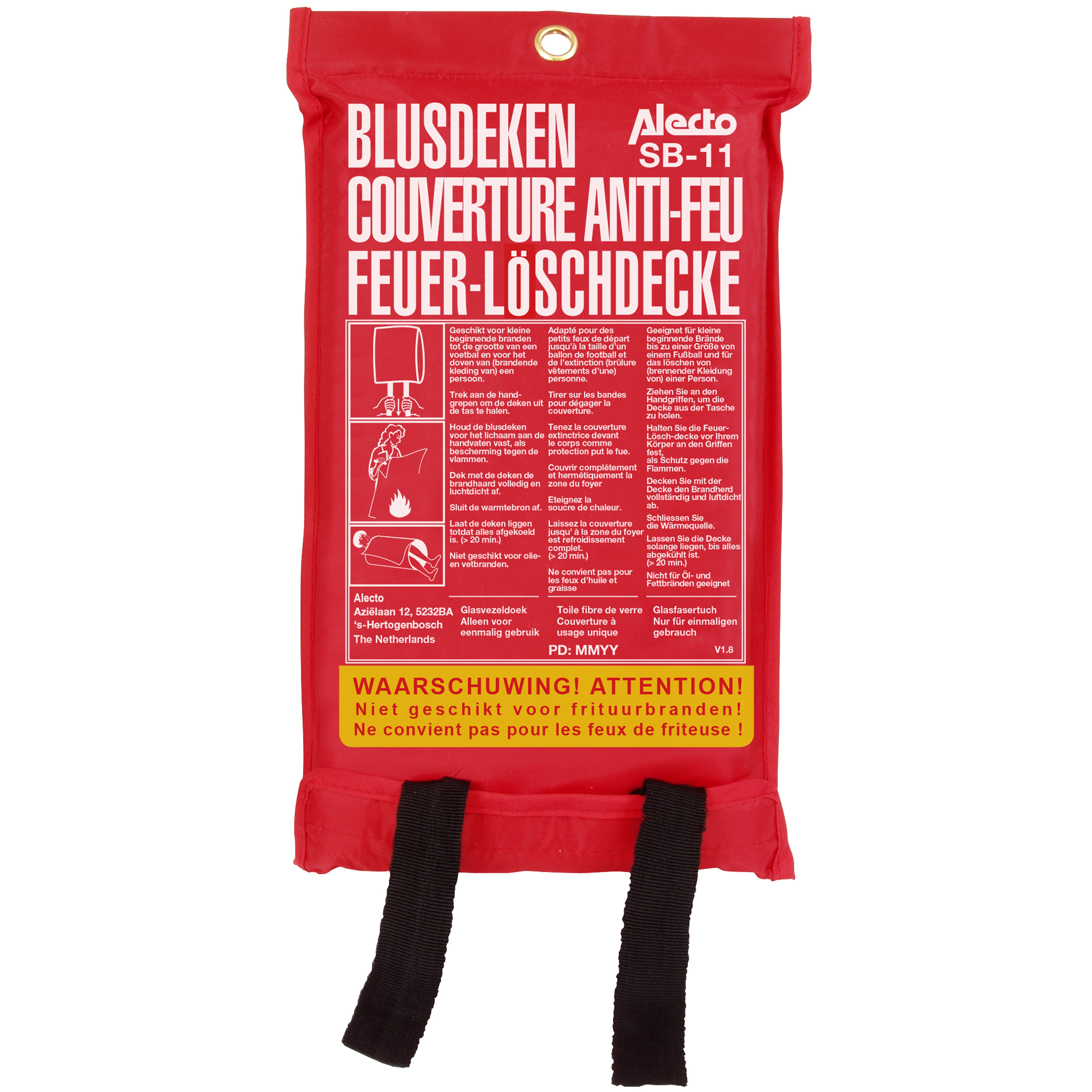 Rote Feuerlöschdecke mit Text. Schwarze Bänder unten.