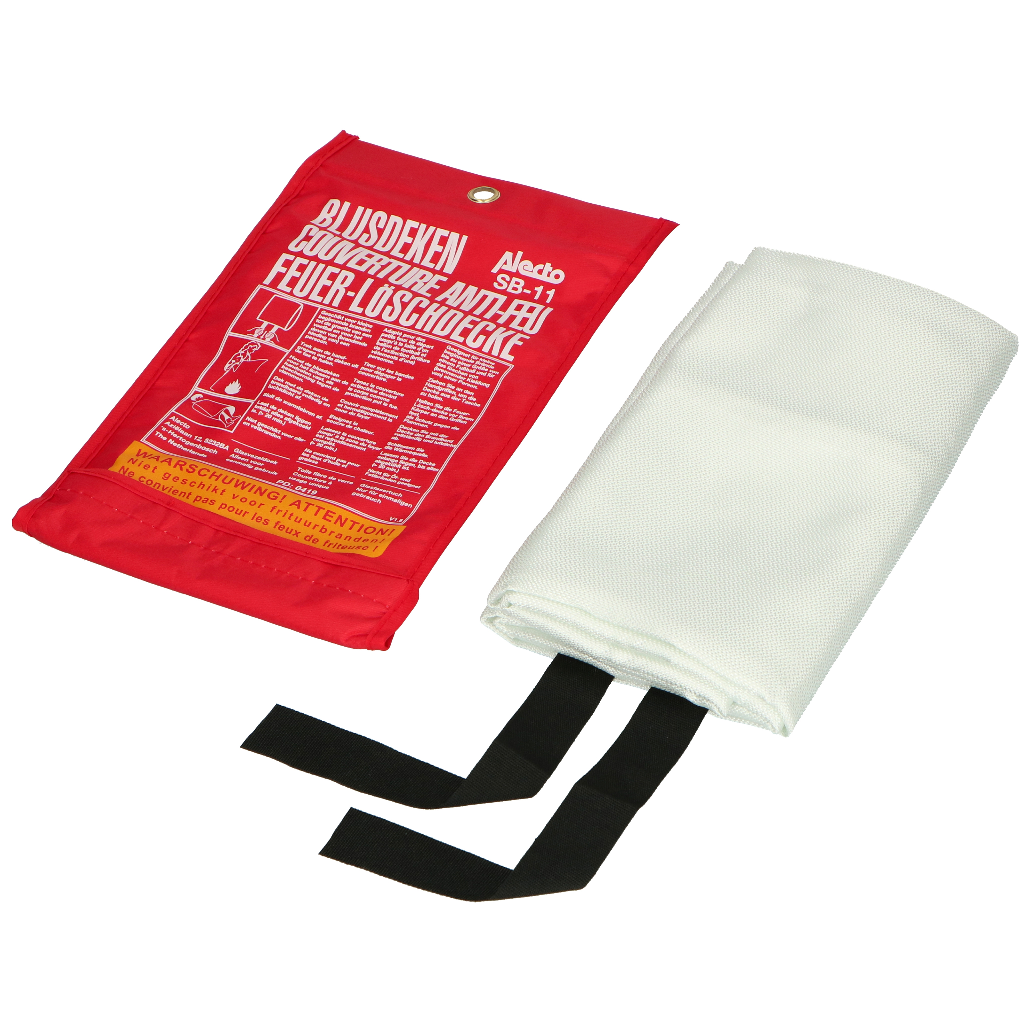 Rote Brandschutzdecke in einer Tasche und weiße Decke. Schwarze Riemen angebracht.