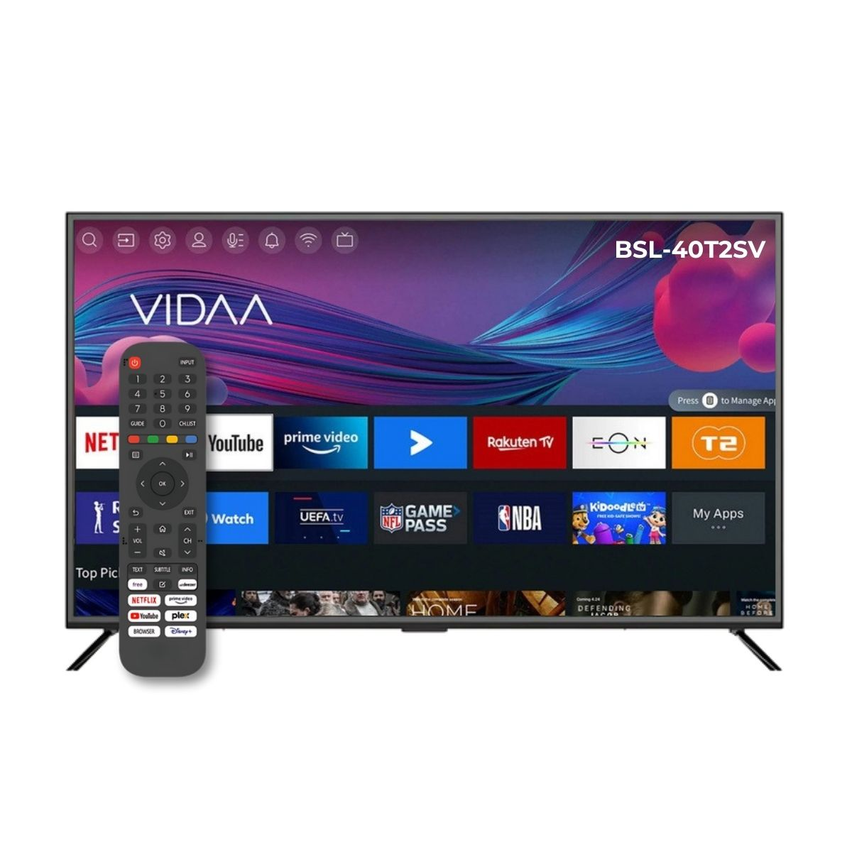 Un televisor VIDAA moderno con un mando y varios iconos de aplicaciones en la pantalla.