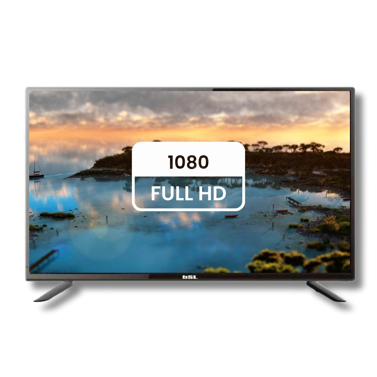 Televisor Full HD mostrando un paisaje escénico con agua y cielo, visible una etiqueta blanca '1080 FULL HD'.