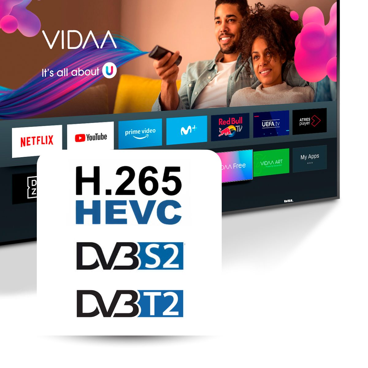 Una pantalla de TV que muestra aplicaciones de streaming, una pareja e iconos para H.265, DVB-S2 y DVB-T2.