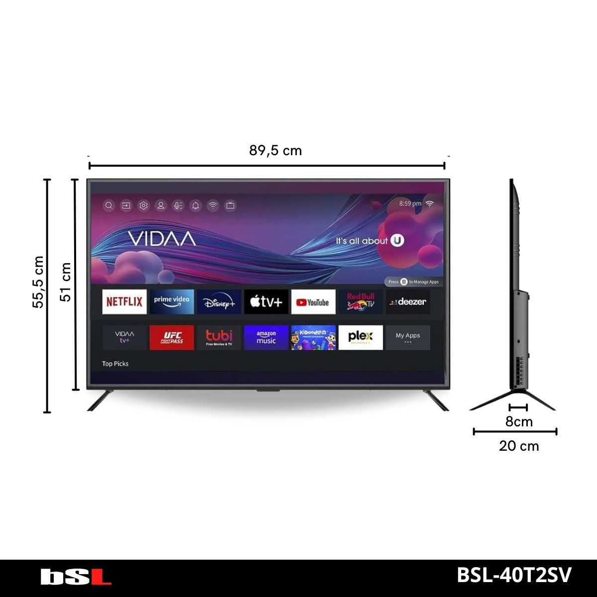 Pantalla de TV, mostrando vistas lateral y trasera, con dimensiones y soporte.