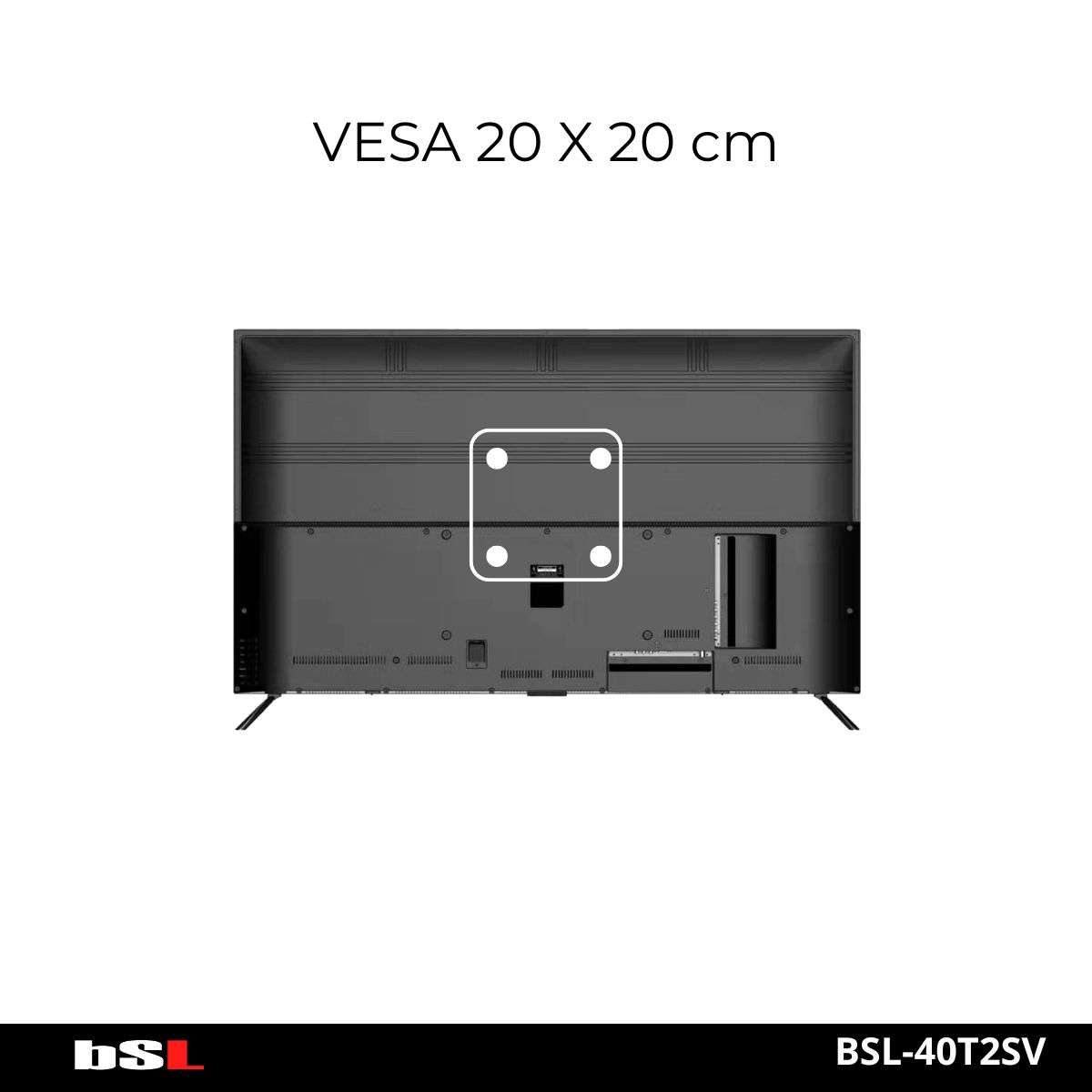 La parte trasera de un televisor negro. La imagen muestra los puntos de montaje VESA y el número de modelo.