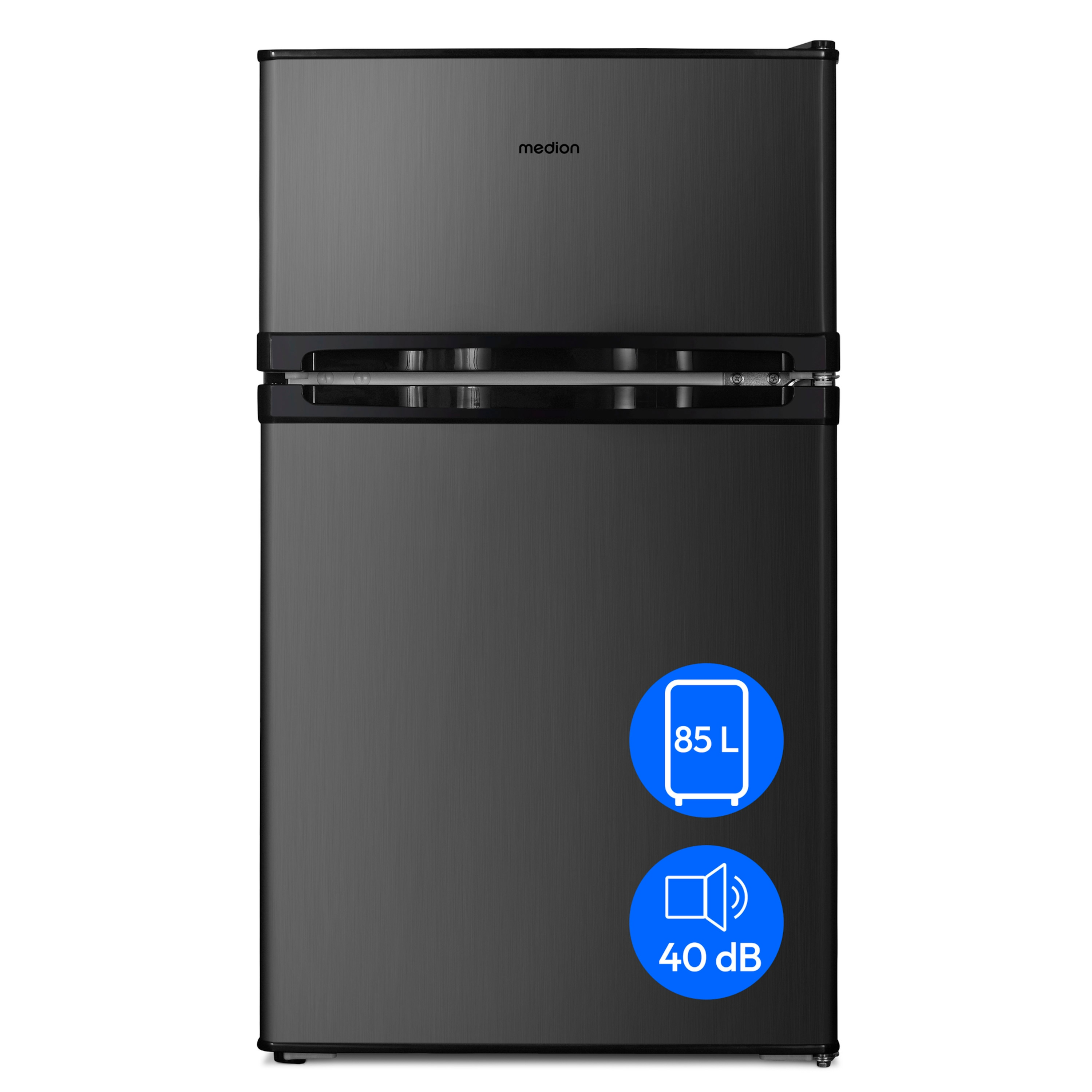 Black and grey Medion fridge with blue labels, against a white background.