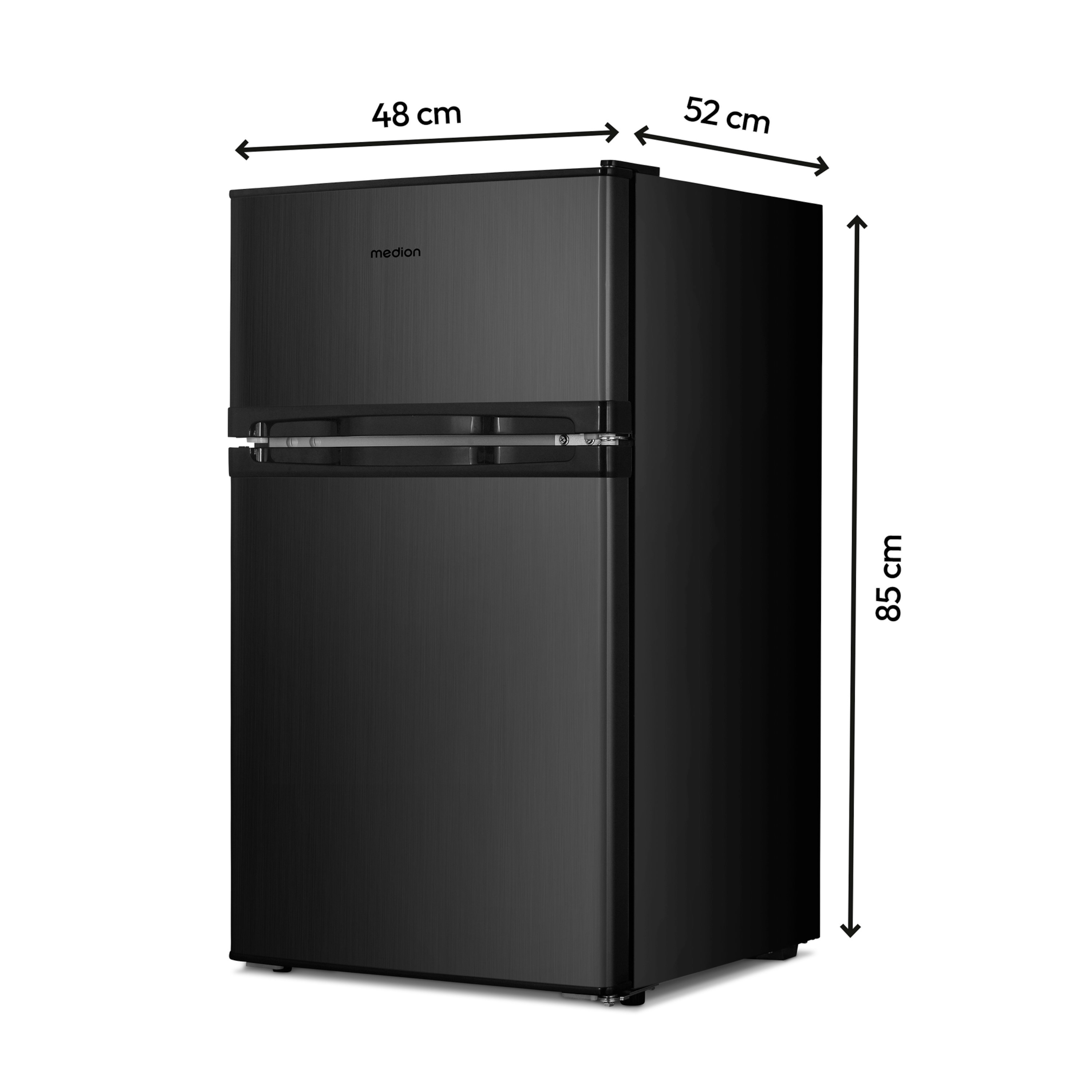 Black Medion refrigerator. The dimensions are displayed: 48cm width, 52cm depth, and 85cm height.