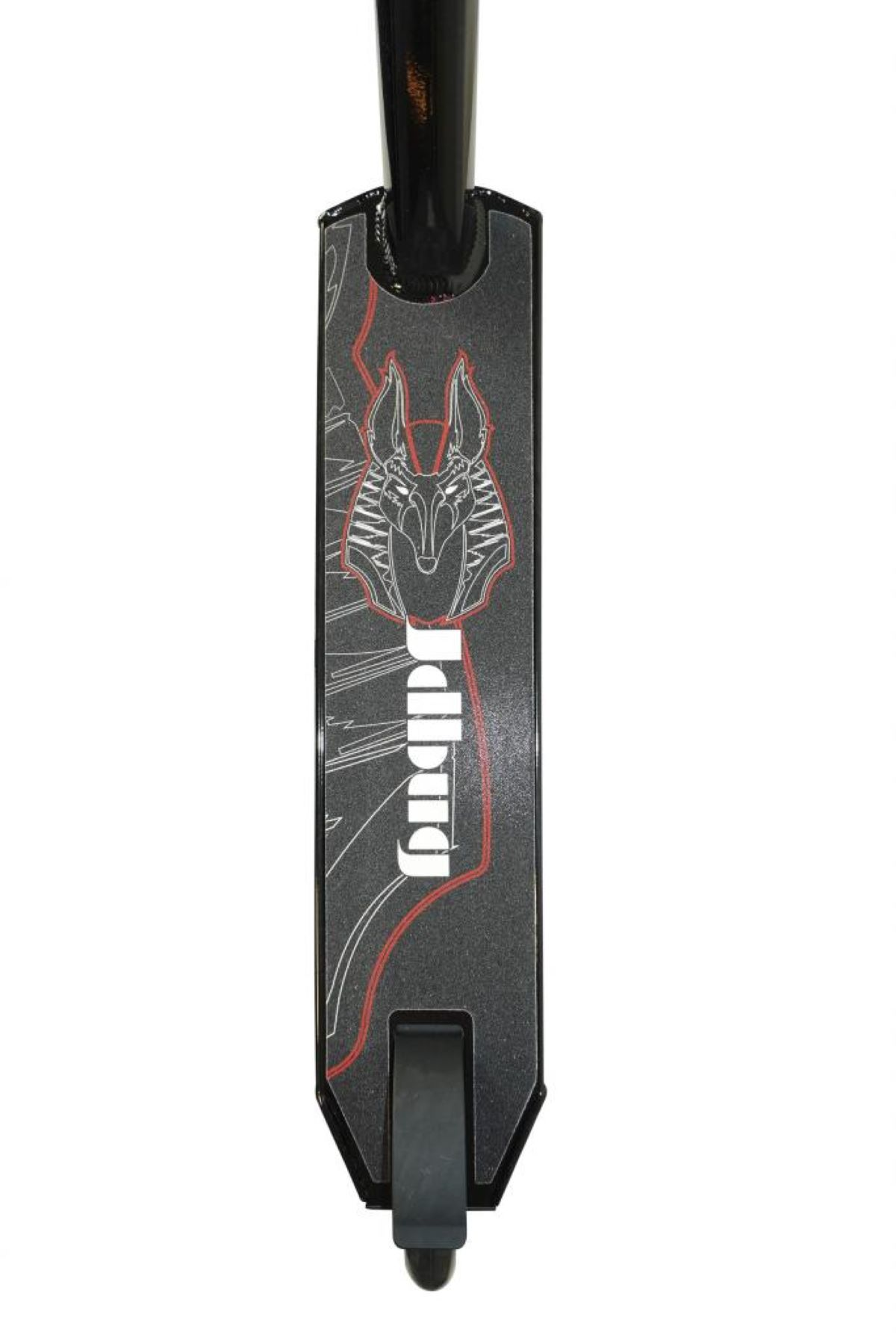 Piattaforma dello scooter con grafica di Anubi e la parola Jabra in rosso su una superficie grigio scuro.