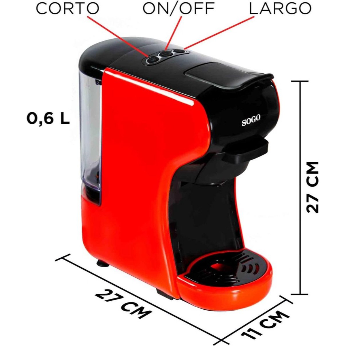 Czerwono-czarny ekspres do kawy z wymiarami i oznaczonymi przyciskami włącz/wyłącz.