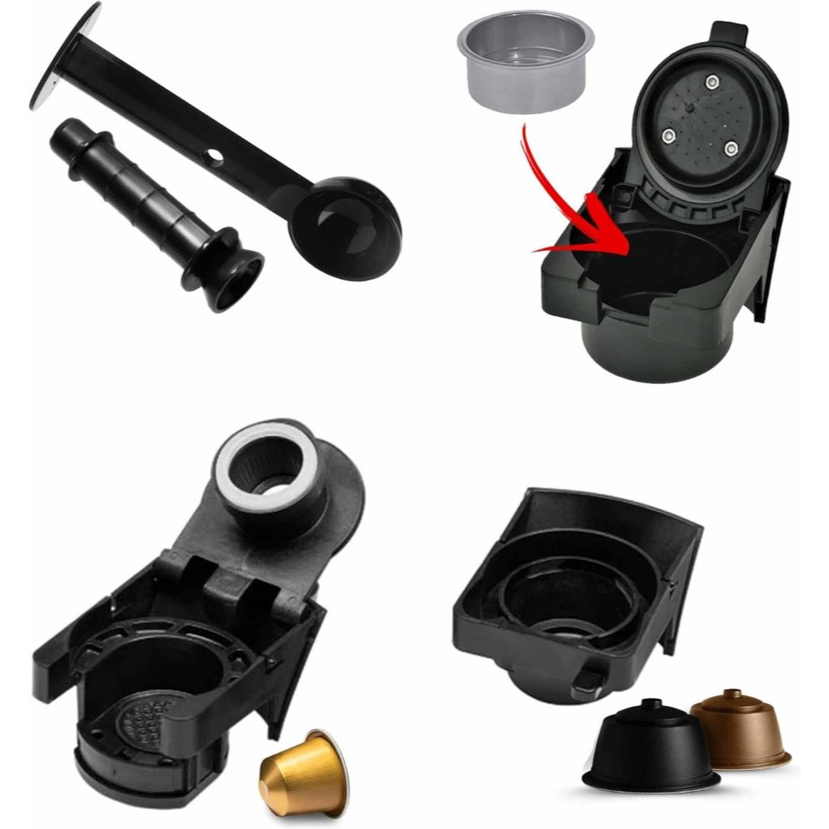 Różne części ekspresu do kawy: łyżeczka do kawy, uchwyt na kapsułki i kapsułka. Wszystko czarne i srebrne.