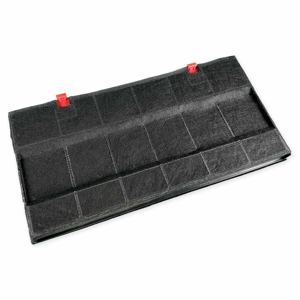Schwarzer Filter mit roten Clips. Rechteckige Form mit mehreren Gitterlinien. Weißer Hintergrund.