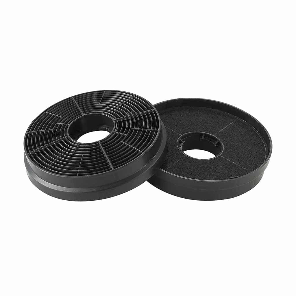 Zwei schwarze Aktivkohlefilter, rund mit zentralem Loch und Metallgitter im Inneren.