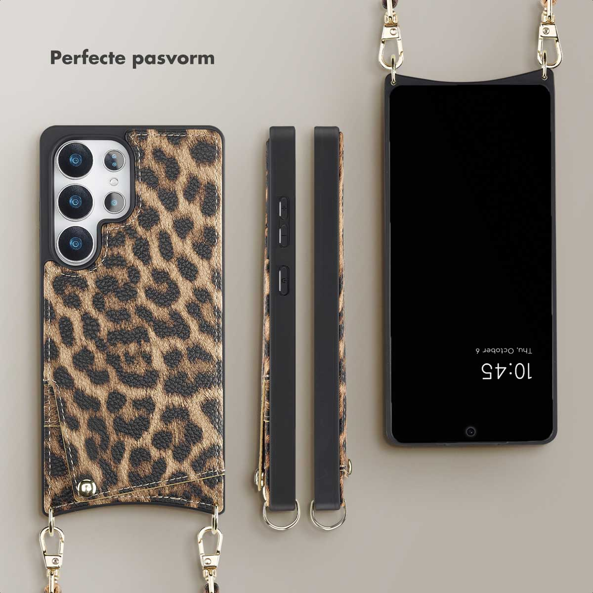 Una custodia per telefono con stampa leopardata. Ha una cinghia e un telefono all'interno. La custodia è marrone e nera.