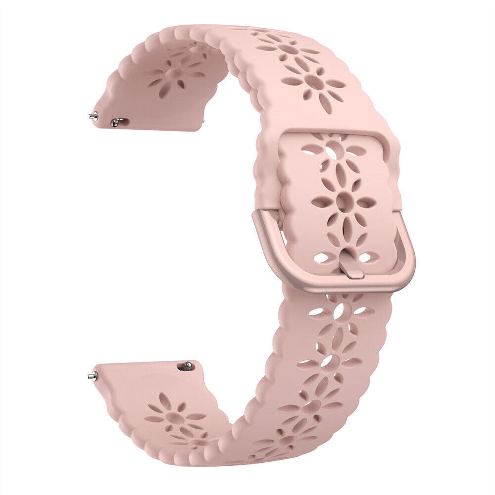 Rosa Uhrenarmband mit floralem Design und Schnalle.