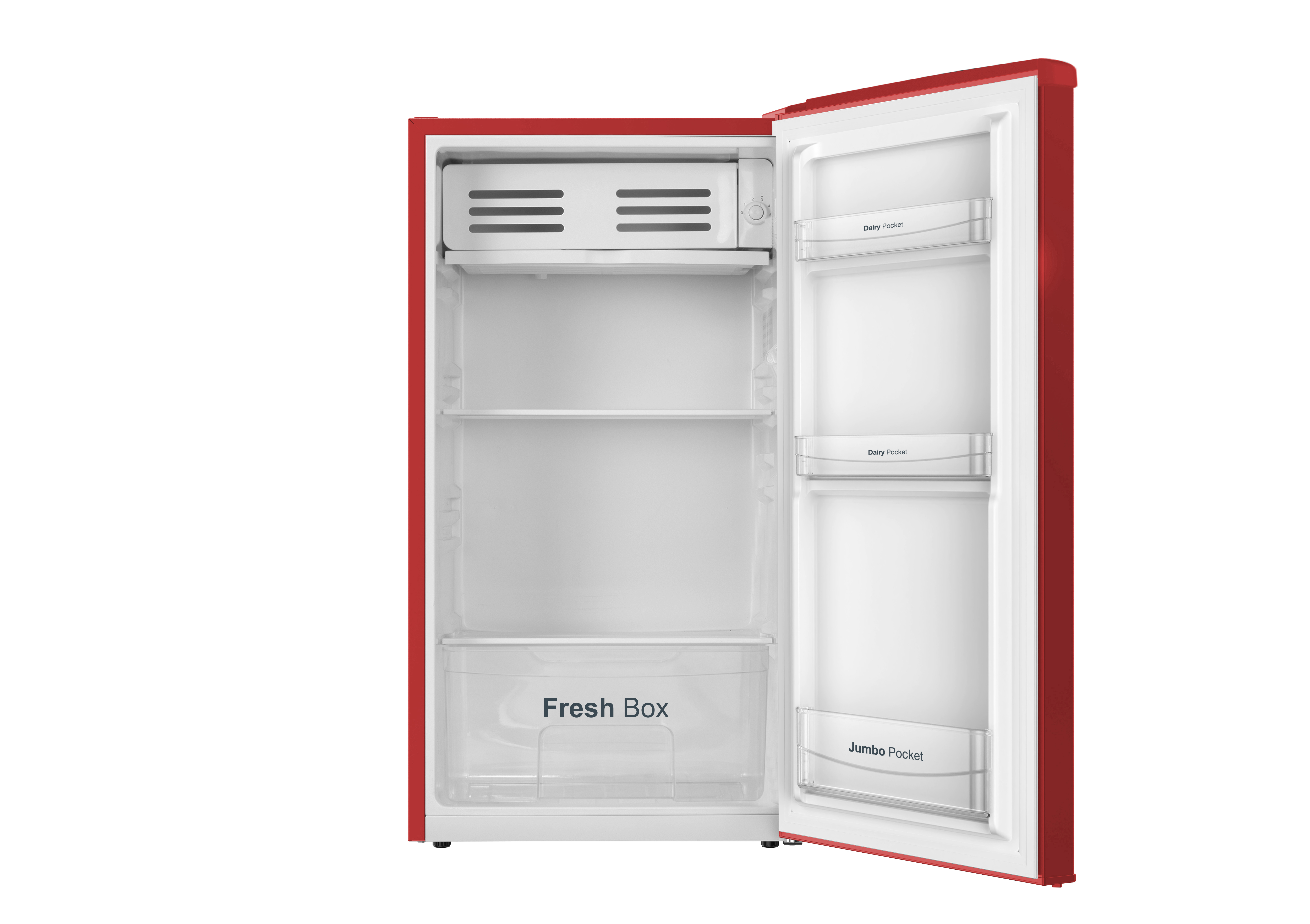 Un refrigerador rojo con la puerta abierta. Tiene estantes, cajones y una puerta con compartimentos.