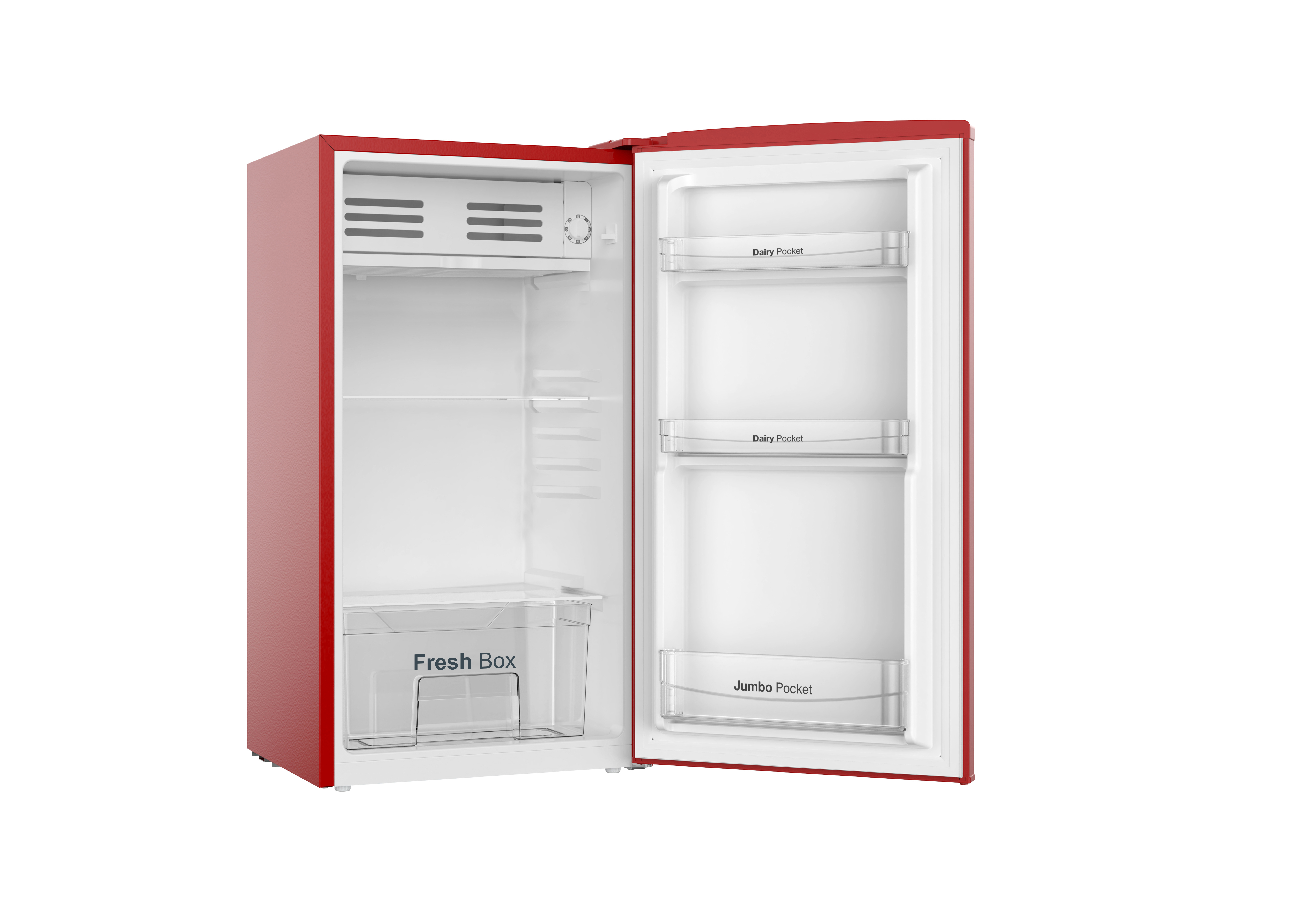 Una mini nevera roja con la puerta abierta. Estantes interiores y una caja fresca visibles.