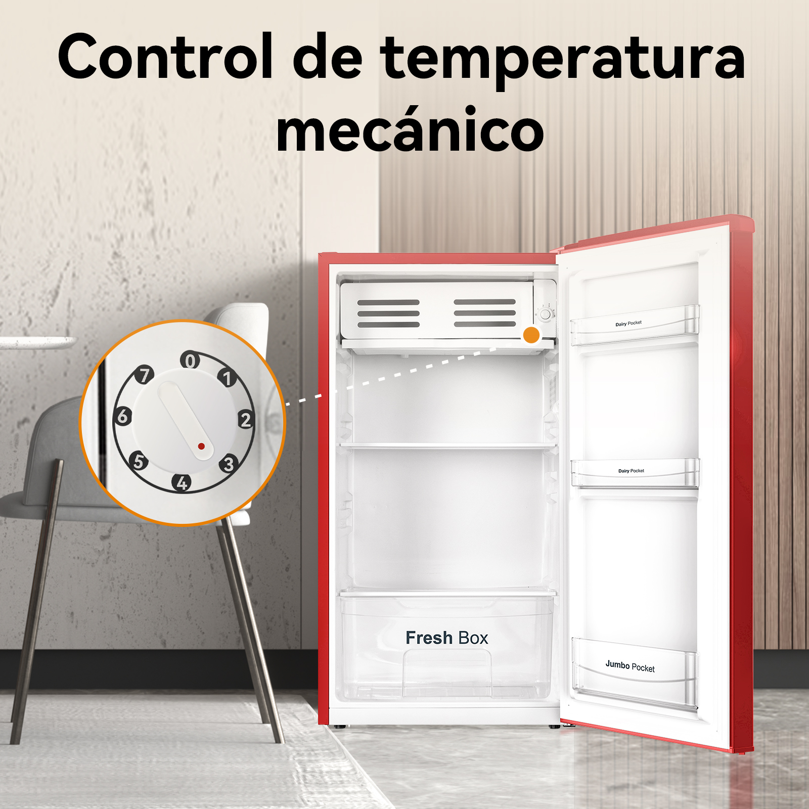 Un refrigerador rojo con la puerta abierta mostrando estantes, cajones y un dial de control de temperatura resaltado.