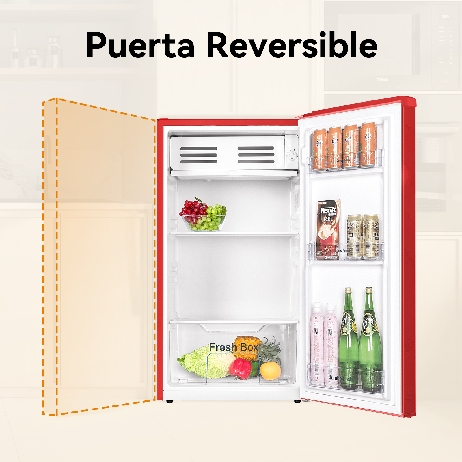 Refrigerador rojo con la puerta abierta, revelando estantes con alimentos. La etiqueta 'Fresh Box' es visible.