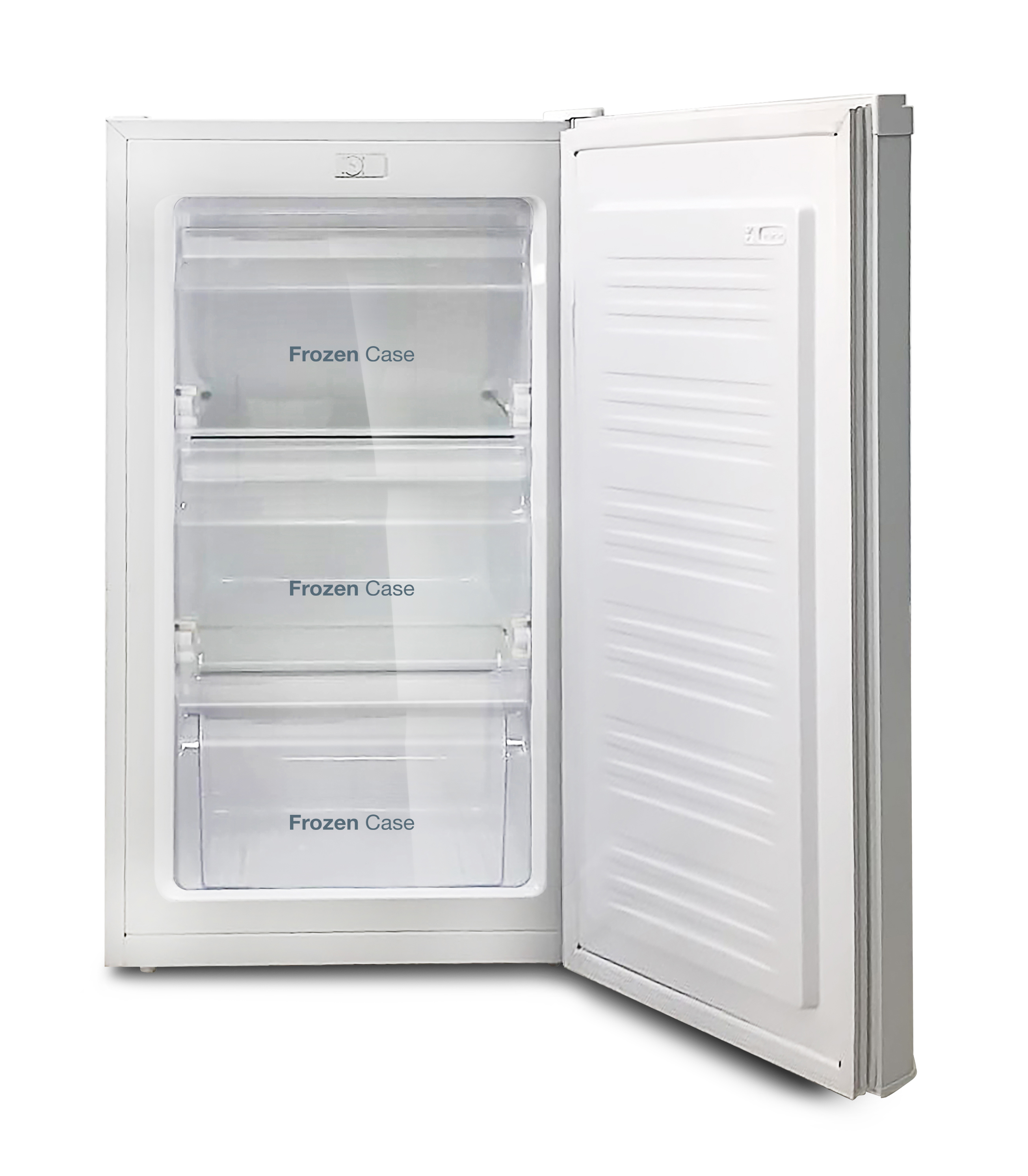 Un congelador blanco con la puerta abierta, mostrando tres cajones transparentes etiquetados como 'Frozen Case'.