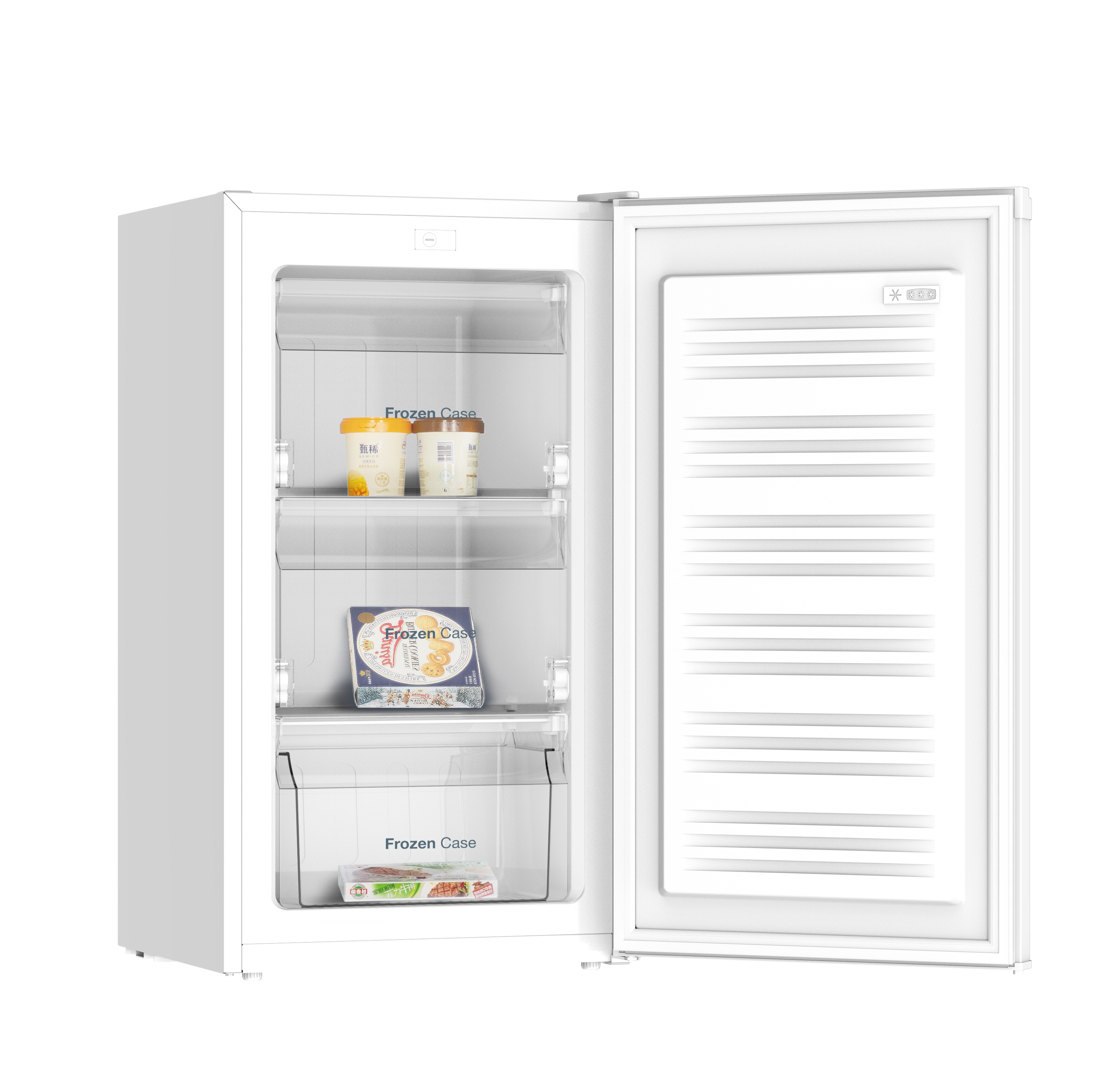 Congelador blanco. Puerta abierta revela estantes con alimentos congelados. Limpio y sencillo.