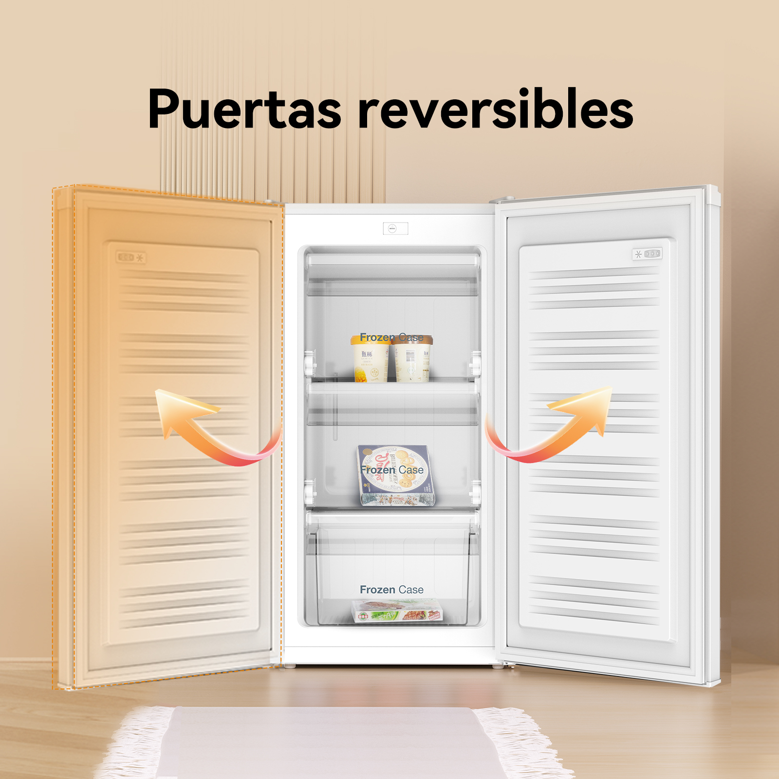Refrigerador blanco con puertas reversibles abiertas, mostrando estantes con alimentos congelados.