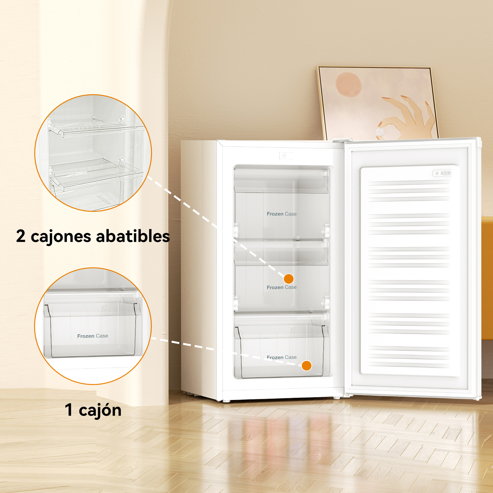Congelador blanco con puerta abierta. Muestra cajones y almacenamiento interno. Etiquetas de texto.