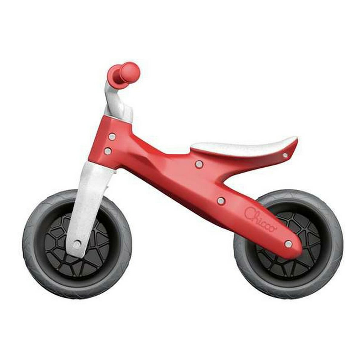 Bicicletta senza pedali rossa e bianca per bambino. Il logo Chicco è visibile.