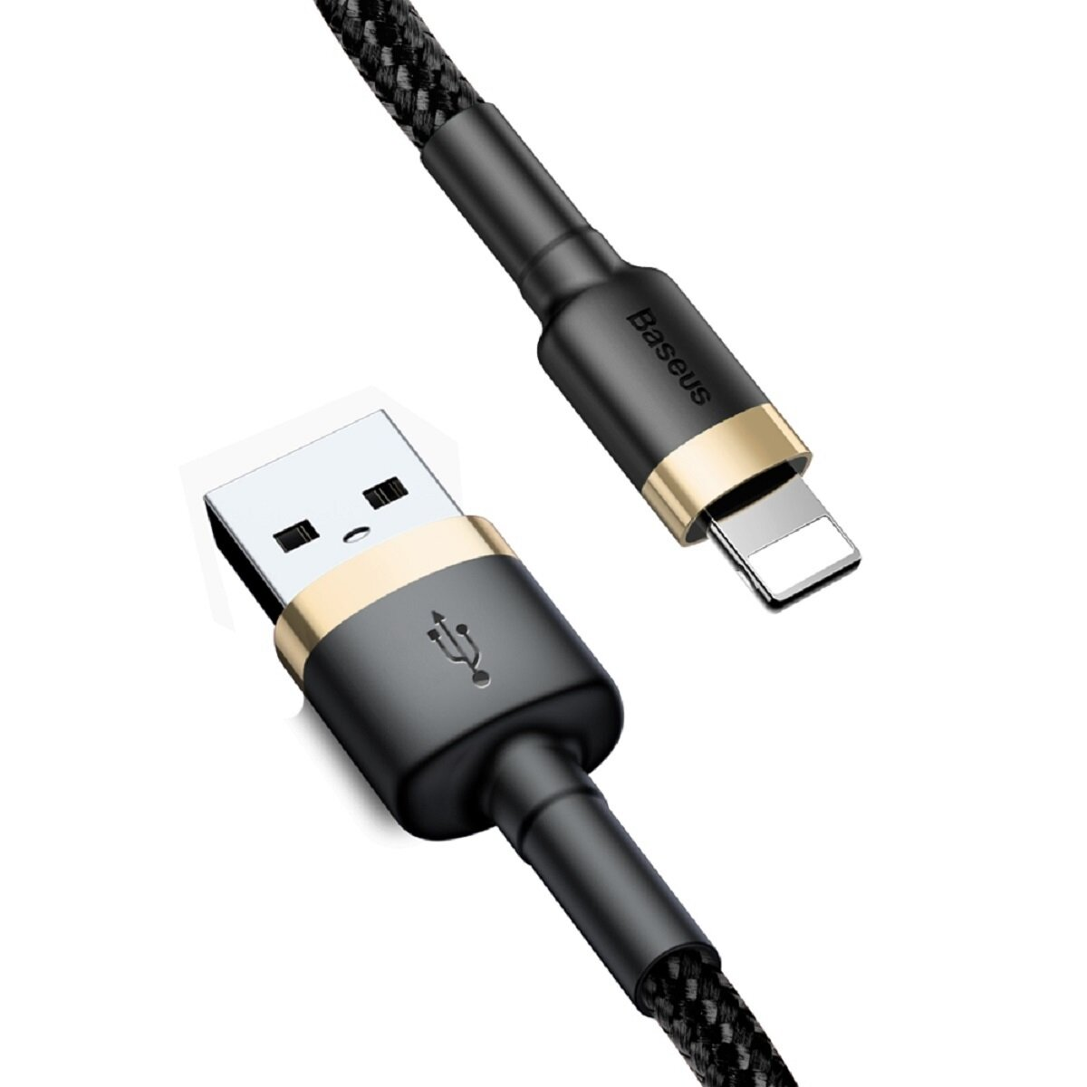 Czarny i złoty kabel USB do Lightning, z marką Baseus, widok z boku.