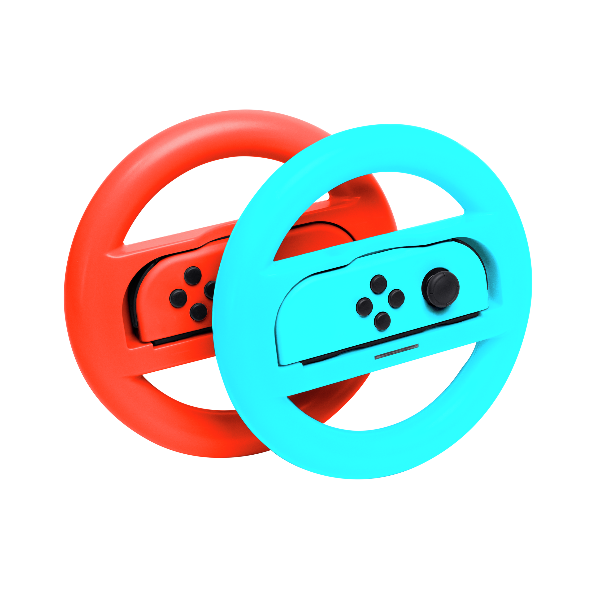 Twee racegame controllers, rood en blauw, met zwarte knoppen en zwarte achtergrond.