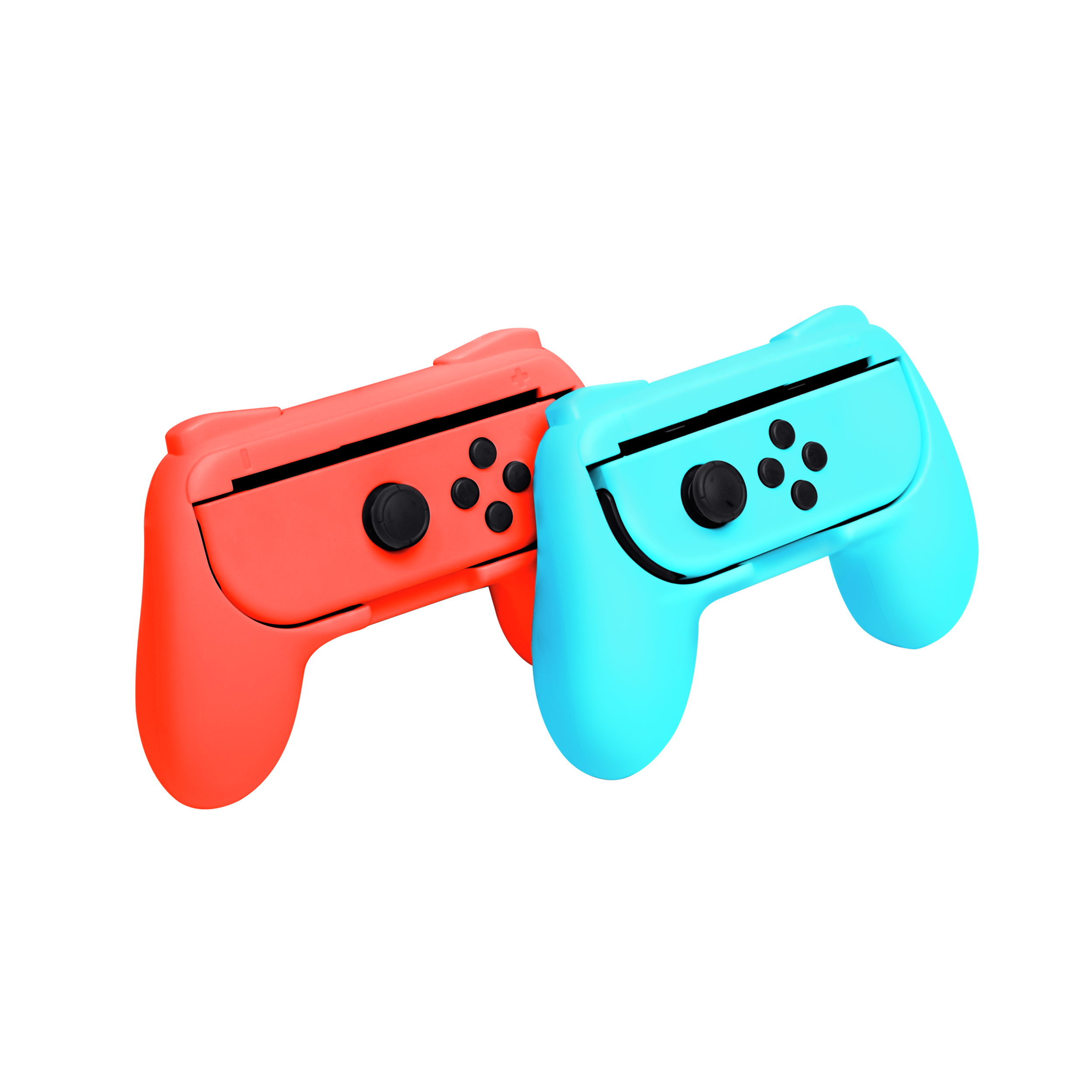 Twee gekleurde gamecontrollers: één rood, één blauw. Zwarte knoppen en joysticks.