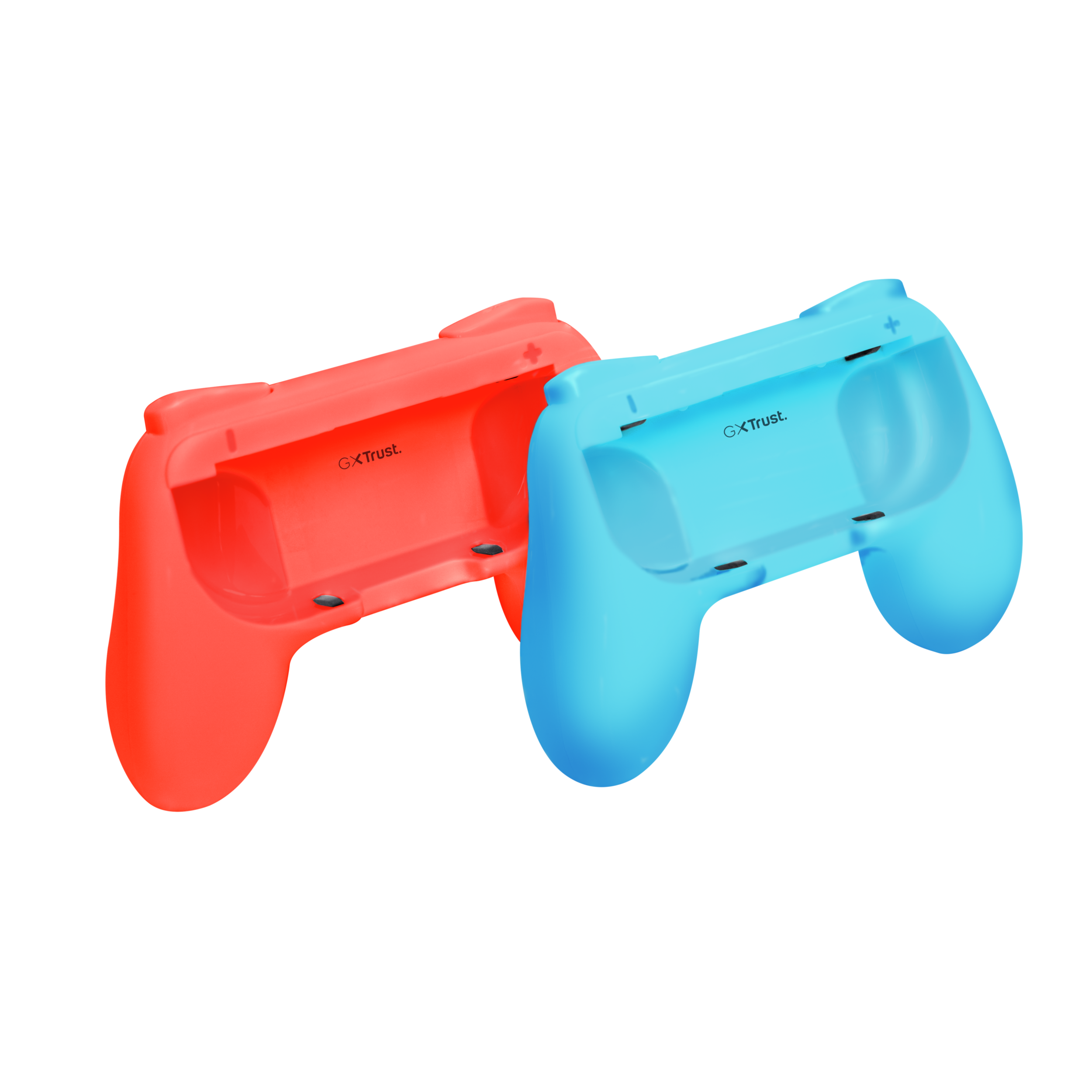 Twee gekleurde gamepad-schelpen: Rood en blauw. Het merk is GXTrust.