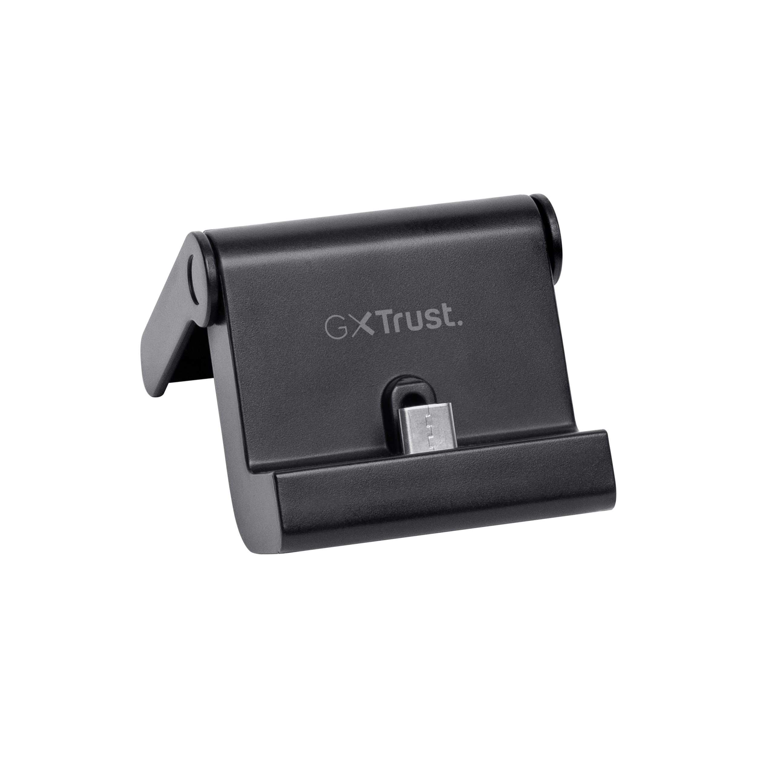 Zwarte Trust telefoonstandaard met een USB-C poort.