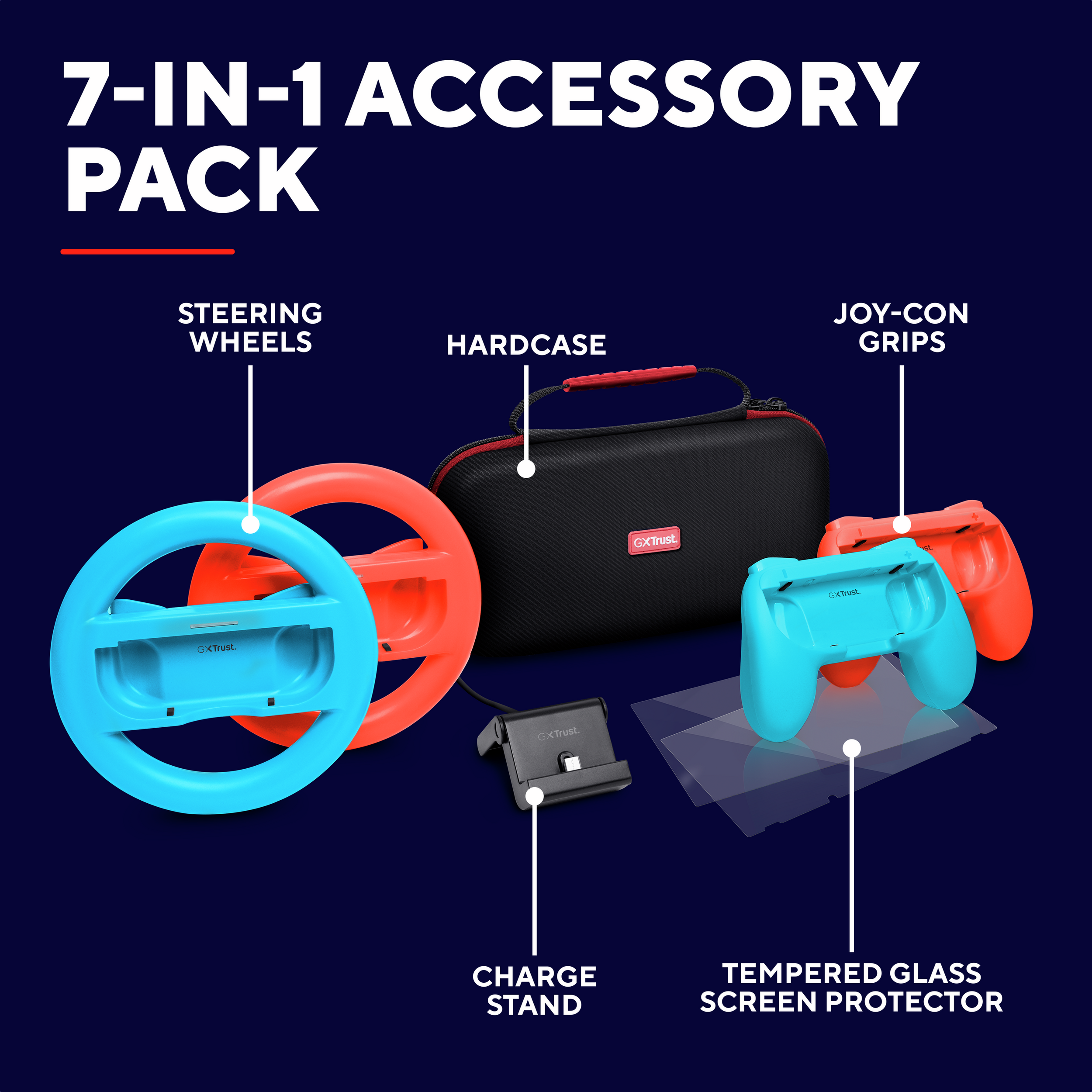 7-in-1 game-accessoirepakket. Inclusief stuurwielen, hardcase, joy-con grips en meer.