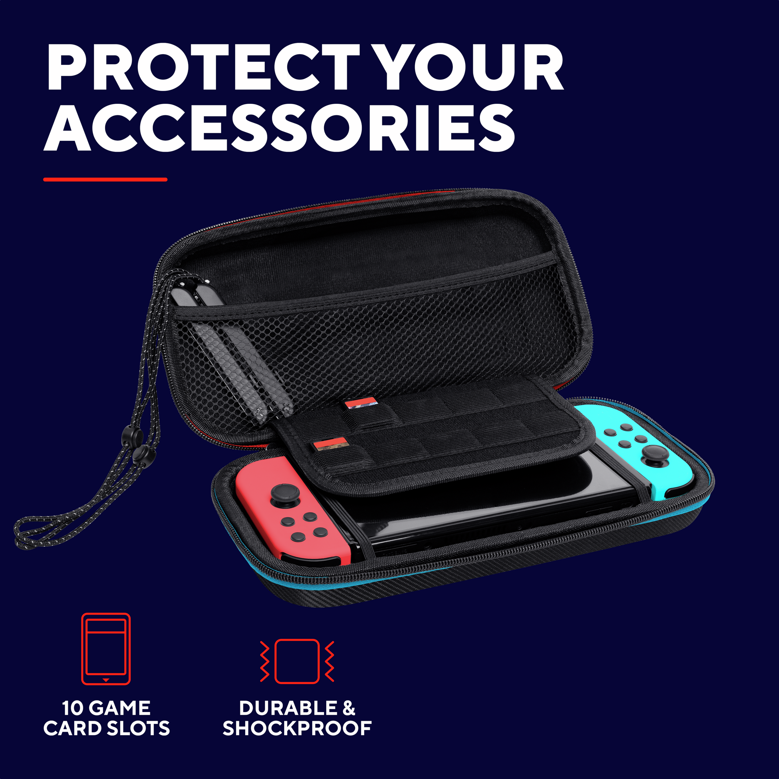 Een zwarte case met een rode en blauwe controller. Tekst: Bescherm je accessoires, 10 kaartsleuven.