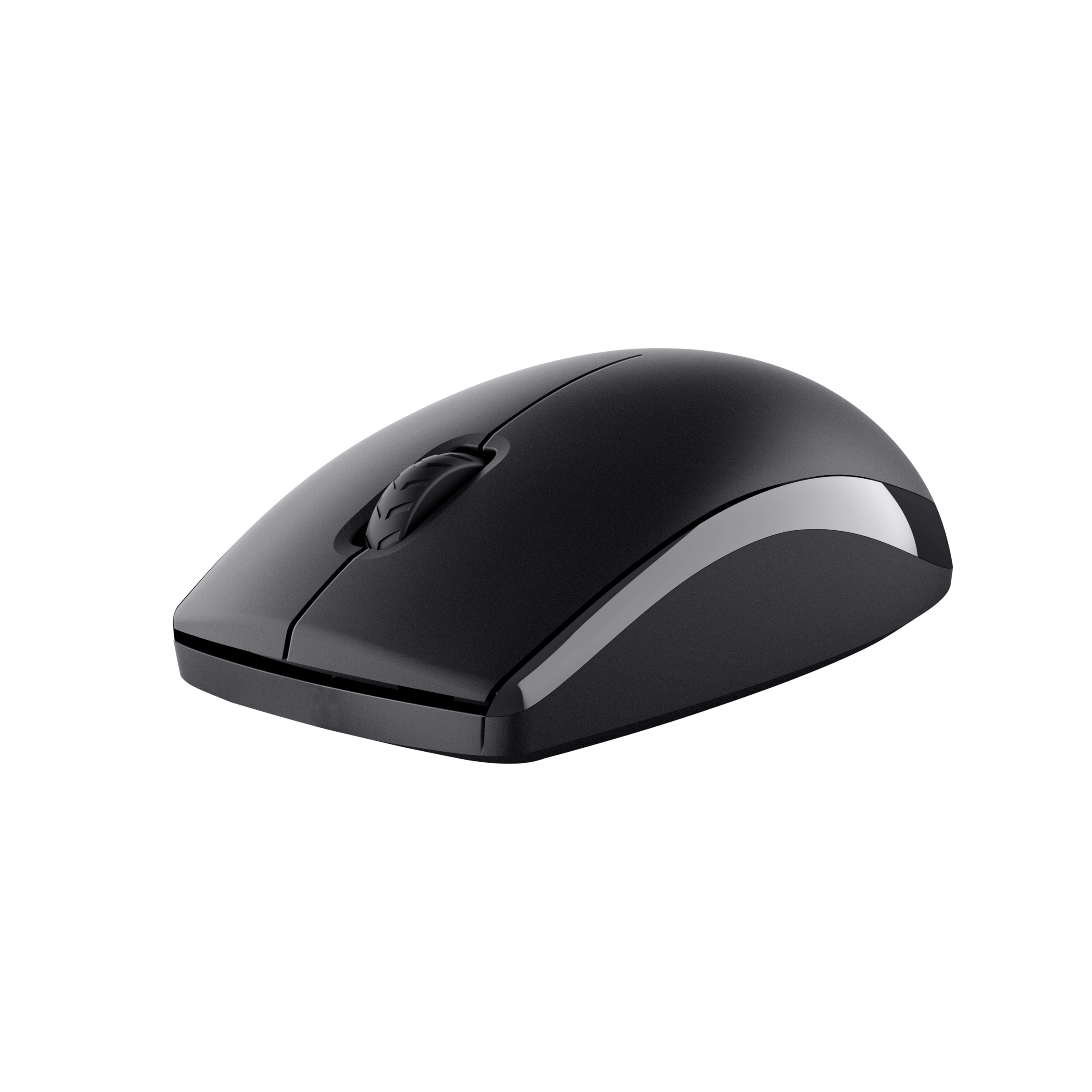 Czarna mysz komputerowa ze srebrną obwódką. Mysz jest na czarnym tle.