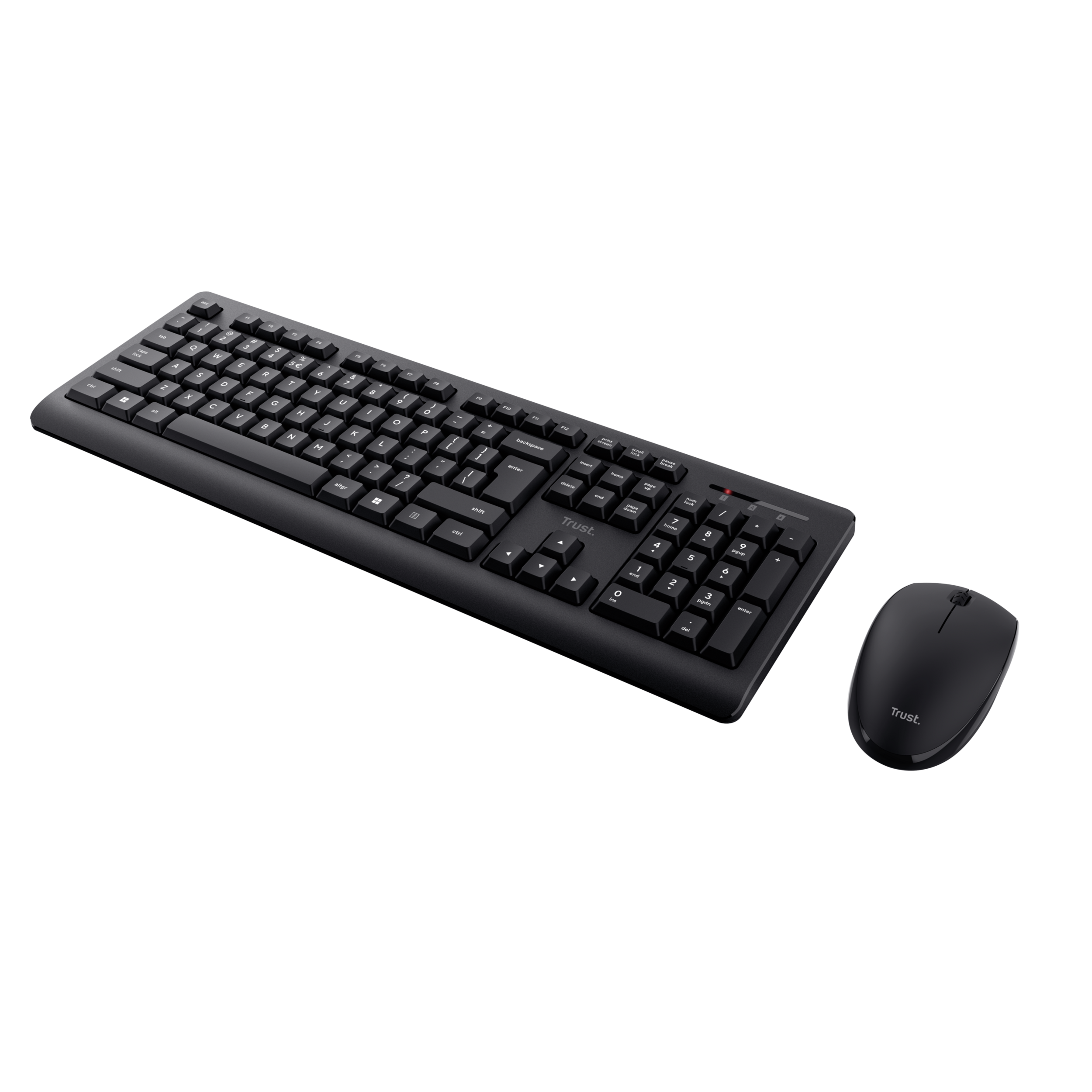 Czarny zestaw klawiatury i myszy na czarnym tle.