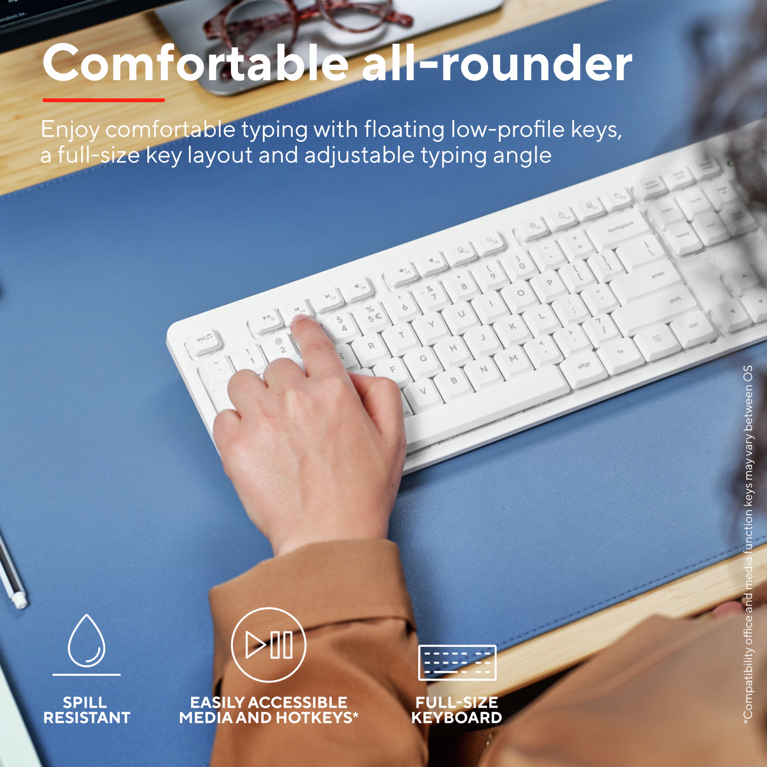 Biała klawiatura na niebieskiej podkładce. Ręka pisząca. Odporna na zalania, klawisze multimedialne i pełny rozmiar.
