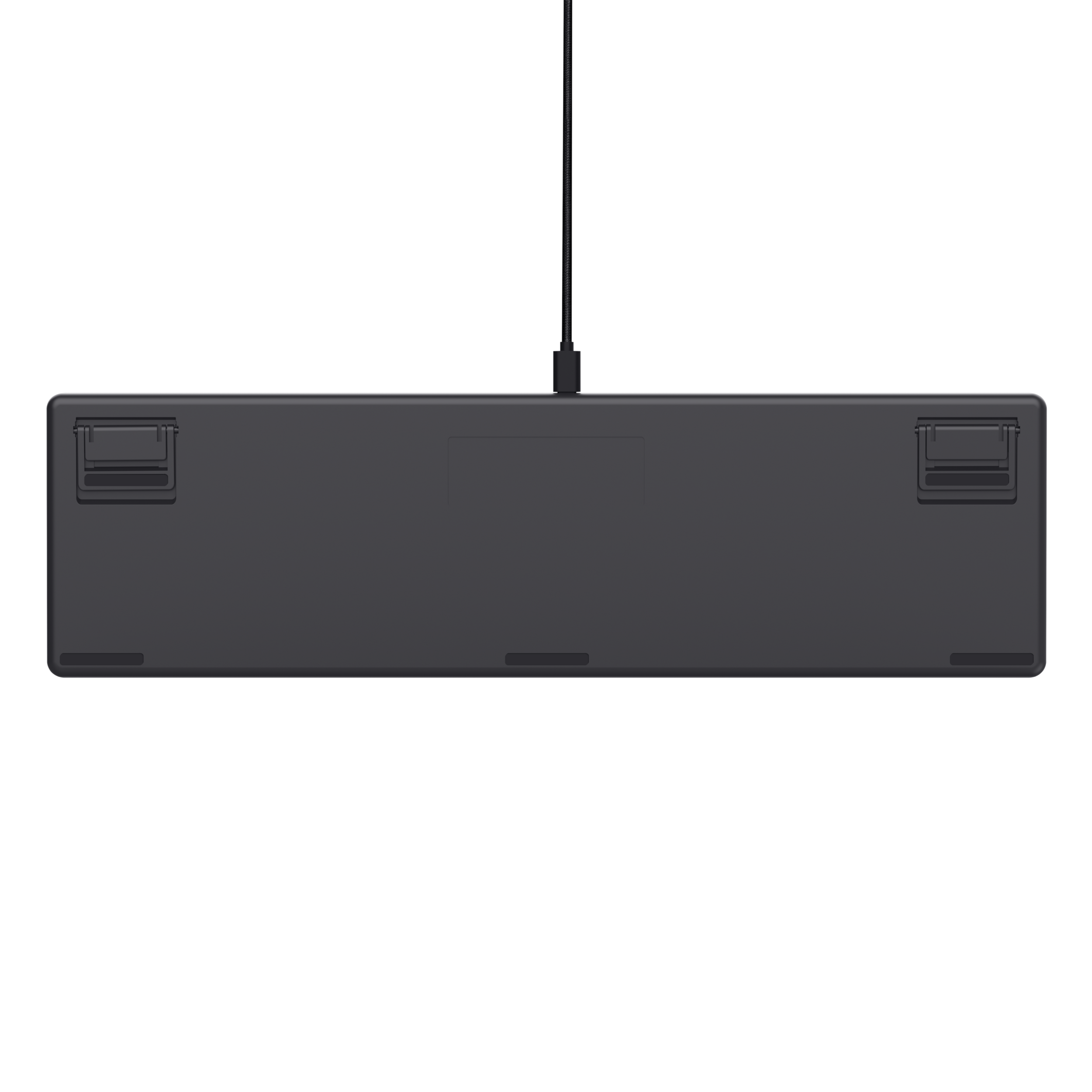 Tył szarej klawiatury. Klawiatura jest prostokątna i ma podłączony kabel.